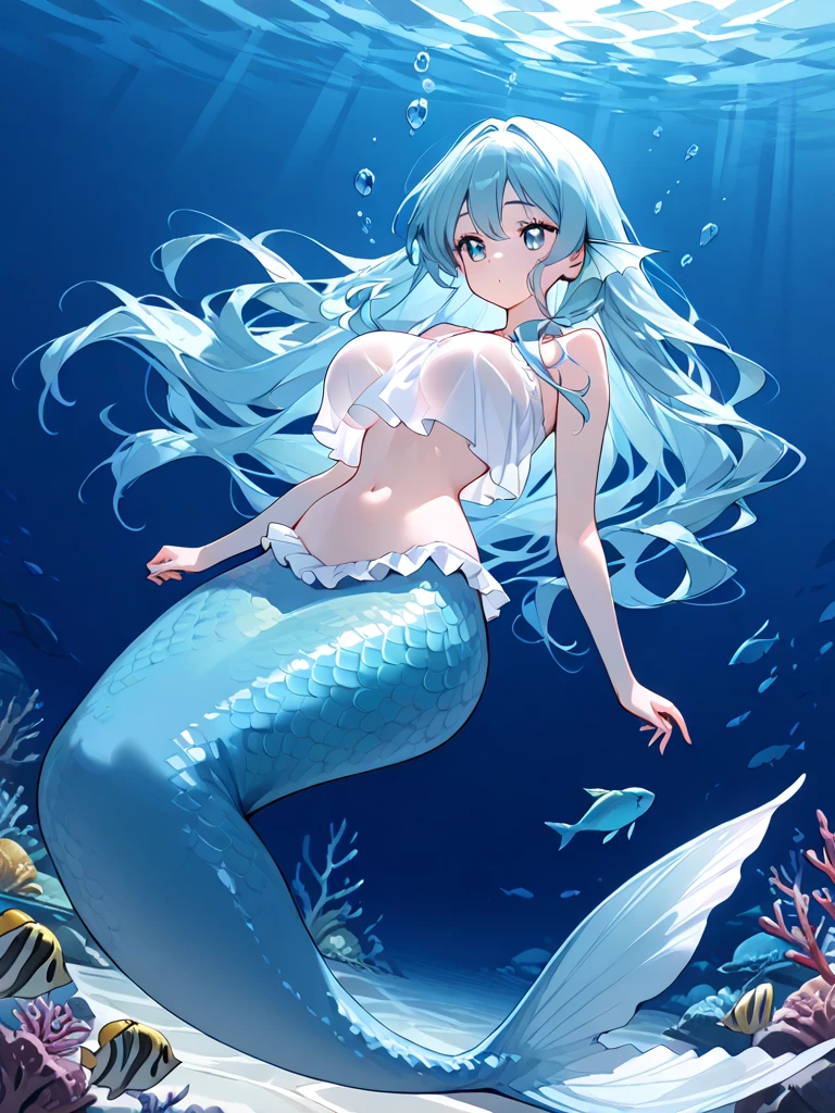 masterpiece , 1 girl , \under the sea , underwater , mermaid , superb composition, narrow waist,wide hips, large breast, white crop top, see-through silhouette, best quality,amazing quality, mermaidtail below waistline,