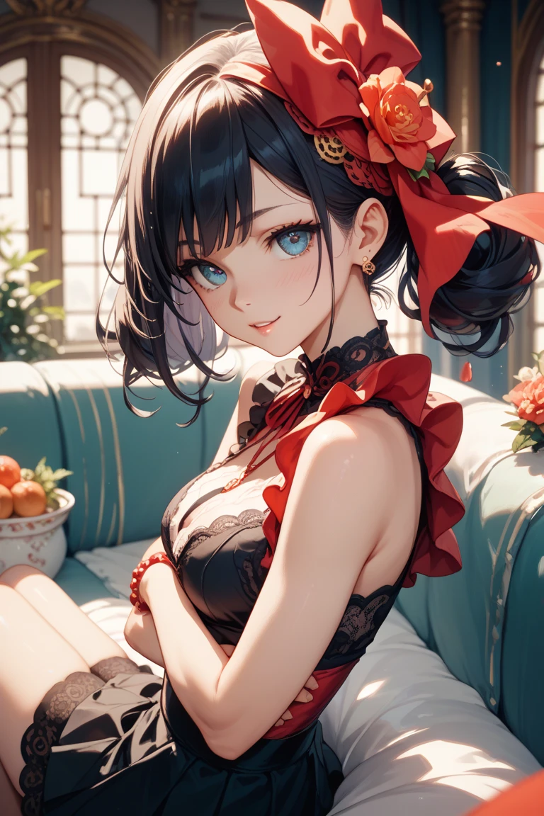(Realistic style:0.9), masterpiece, best quality, Ridiculous, looking at the audience, alone, (Grey babydoll:1.5), Bronya Zajczyk, red pupils, Big breasts, long hair, gray hair, Bangs, gray eyes, earrings, drill hair, hair between eyes, hair accessories, (baby doll:1.3), perspective, floor, Poker face