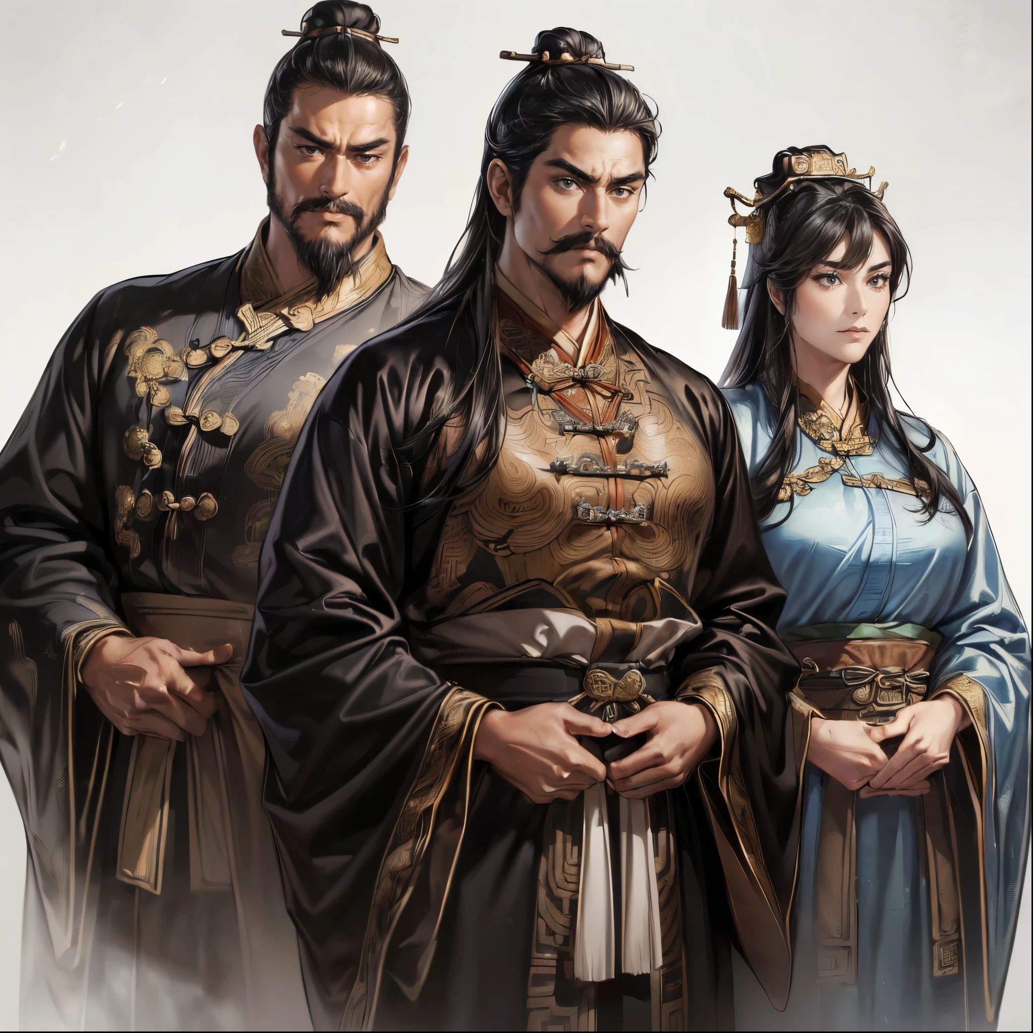 (Top Quality,4K,8k,High Resolution,masterpiece:1.2),super detailed,(super fine illustration),(((Oil painting depicting an ancient Chinese man))),Age 30,Great Generals of the Three Kingdoms,beautifully cut mustache:1.2、detailed eyes:1.2, perfect eyes,(( Attractive Dark Eyes )),(((Long black hair set:1.3))),((Narrow Face, well-trained body)),cinematic lighting, soft shadows,((black ancient Chinese costume:1.3, with arms crossed :1.3)),((cowboy shot:1.3)),(( WHITE BACKGROUND :1.3,simple background:1.3)),(( standing:1.3,Depict everything from the tip of the head to the bottom of the waist so as not to be able to see:1.3,Distant view:1.3),from above
