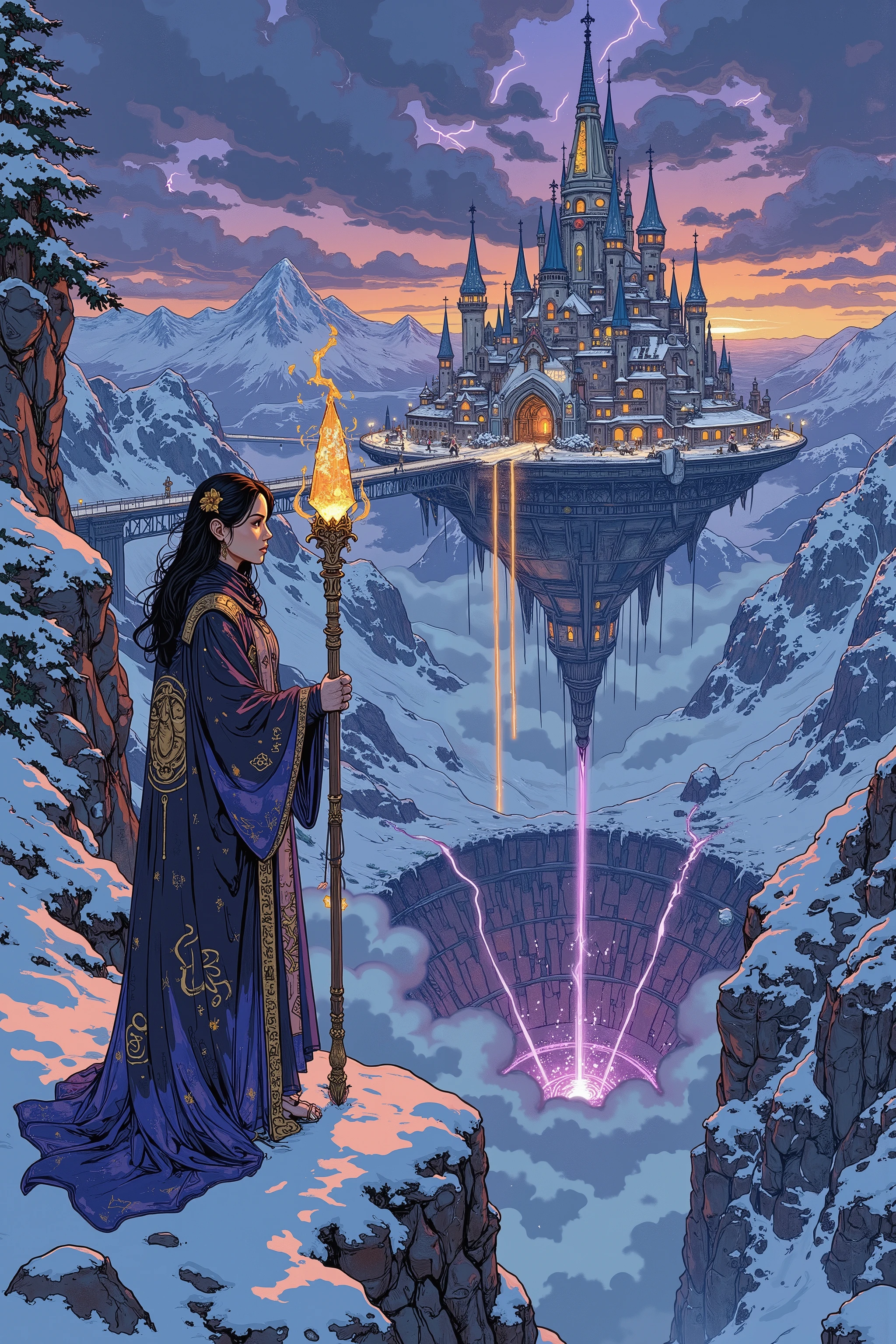 A high-resolution digital painting of a powerful female wizard standing at the edge of a snowy mountain, gazing upon a magnificent magical city floating above a vast, bottomless crater. Her long, flowing robes shimmer with arcane runes, and her staff, crowned with a glowing crystal, pulses with energy. Snow swirls around her, carried by an icy wind, as her piercing eyes reflect both wisdom and untold power.
The floating city is an awe-inspiring marvel of ancient and mystical architecture, with towering spires adorned with glowing symbols, and bridges suspended in midair by unseen forces. The city radiates a mystical aura, with streams of arcane energy weaving between the structures. The crater below is an abyss of unknown depth, shrouded in thick mist, with occasional bursts of light flashing from within, hinting at powerful secrets hidden in the void.
The atmosphere is both enchanting and ominous, with a twilight sky casting hues of deep purples and blues over the scene. The composition is cinematic, with highly detailed textures, dramatic lighting, and a rich, fantastical color palette, evoking a sense of wonder and mystery.