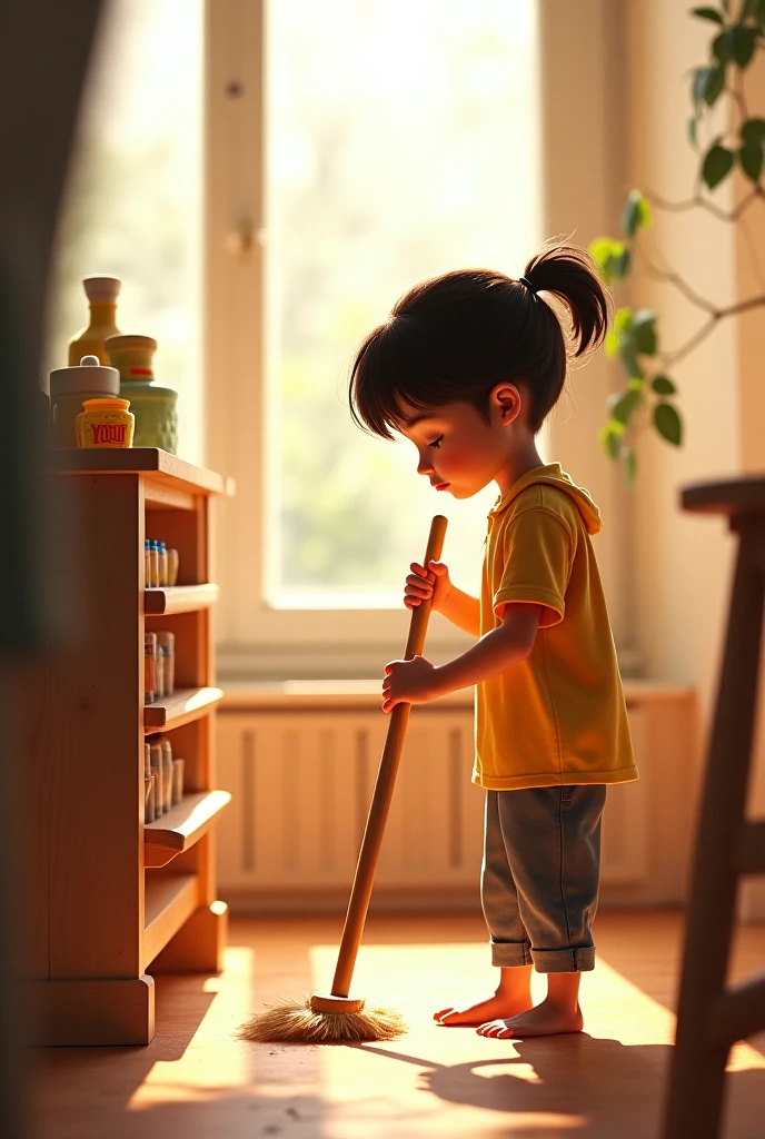 The young girl sitting on the floor of her bedroom, holding A small, ancient Egyptian figurine of a goddess with a hippo head, colored in a greenish-blue hue. The figurine is intricately detailed, looking thoughtful and worried. The room is cozy, filled with toys, but the girl’s focus is entirely on the ancient artifact, unaware of the significance of her actions