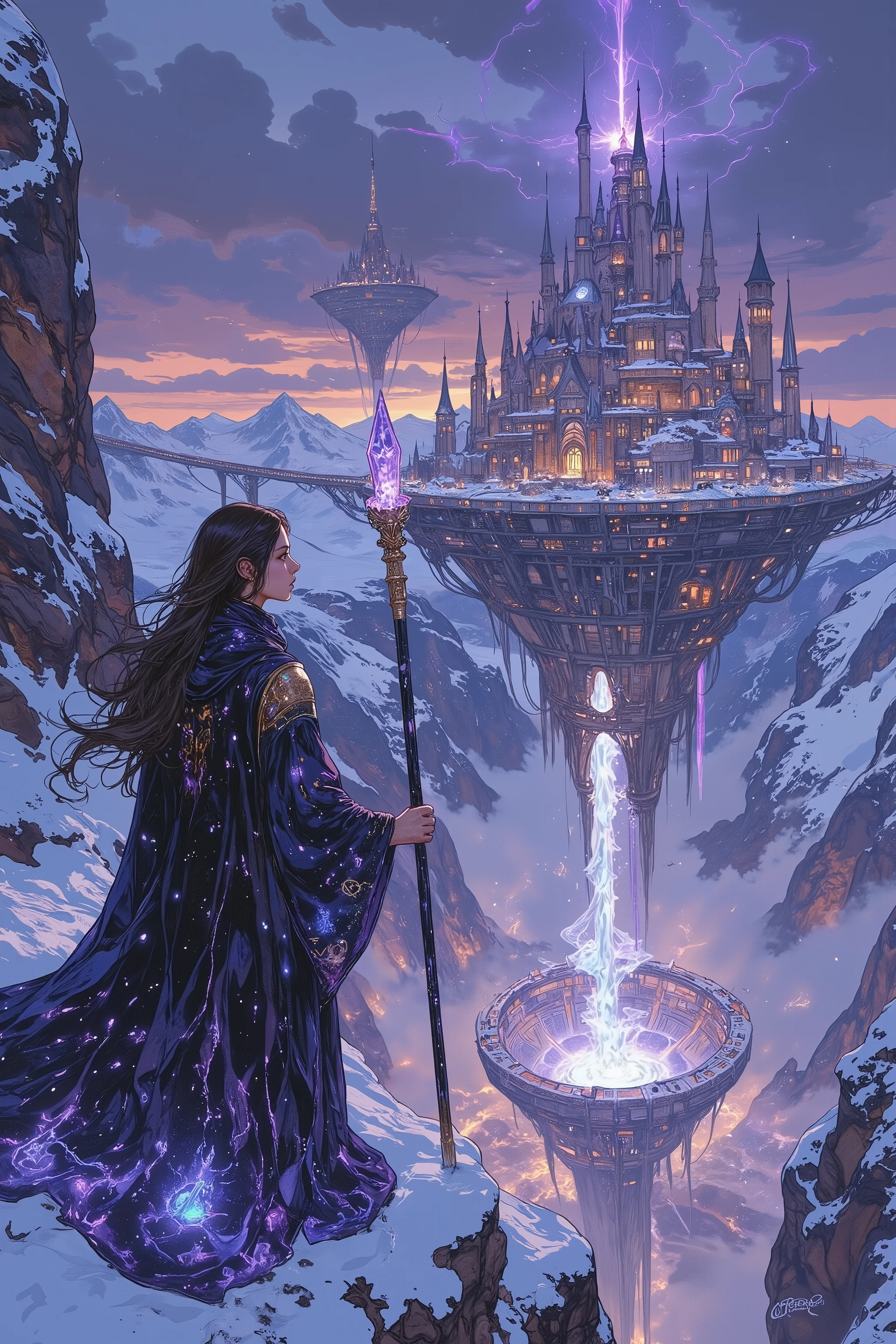 A high-resolution digital painting of a powerful female wizard standing at the edge of a snowy mountain, gazing upon a magnificent magical city floating above a vast, bottomless crater. Her long, flowing robes shimmer with arcane runes, and her staff, crowned with a glowing crystal, pulses with energy. Snow swirls around her, carried by an icy wind, as her piercing eyes reflect both wisdom and untold power.  

The floating city is an awe-inspiring marvel of ancient and mystical architecture, with towering spires adorned with glowing symbols, and bridges suspended in midair by unseen forces. The city radiates a mystical aura, with streams of arcane energy weaving between the structures. The crater below is an abyss of unknown depth, shrouded in thick mist, with occasional bursts of light flashing from within, hinting at powerful secrets hidden in the void.  

The atmosphere is both enchanting and ominous, with a twilight sky casting hues of deep purples and blues over the scene. The composition is cinematic, with highly detailed textures, dramatic lighting, and a rich, fantastical color palette, evoking a sense of wonder and mystery.  

