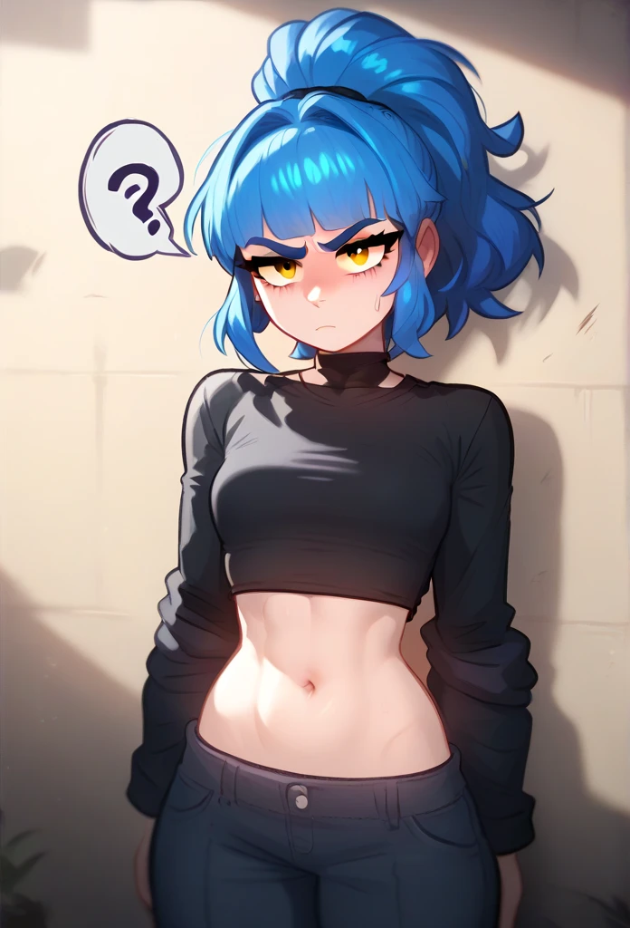 ((Best Quality)), ((masterpiece)), (detailed), Light blue hair woman, light skinned, narrow waist, big chest, big hips, Red eyes, black tight t-shirt, pans blancos, Whole body, athletic, SERIOUS LOOK, very high