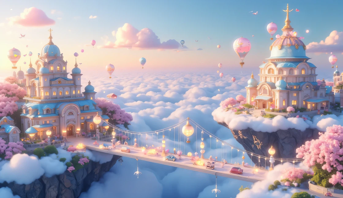 (((Best quality))),(((Ultra detailed))),(((Masterpiece))),illustration,(A cute and kawaii city floating:1.5), Floating city in the sky, A breathtaking floating city high above the clouds, designed in a kawaii-inspired architectural style but rendered with hyper-realistic detail. The city is built on massive, softly textured, cloud-like platforms, appearing weightless yet tangible. The pastel-colored buildings have a modern yet whimsical charm, with smooth, rounded edges, glass domes, and charming rooftop gardens filled with cherry blossoms and tiny glowing lanterns. Wide, clean streets are paved with a subtle iridescent sheen, reflecting the golden hues of the setting sun. In the distance, floating bridges seamlessly connect different districts, their railings adorned with delicate string lights and tiny hanging paper lanterns swaying in the gentle breeze. Hot air balloons with glossy, silk-like surfaces float gracefully above the city, their ropes and baskets intricately woven. The air is crisp and luminous, with soft mist rolling over the edges of the floating platforms. Below, the vast expanse of clouds stretches infinitely, bathed in warm pinks and purples, creating a surreal yet photorealistic backdrop. Cute, chubby birds with iridescent feathers glide effortlessly through the sky, their tiny eyes reflecting the glowing skyline. The entire composition is balanced perfectly, with soft depth of field, cinematic lighting, ultra-HD rendering, and physically accurate materials, making the scene feel tangible yet magical. Ultra-detailed, 8K resolution, soft natural bokeh, professional photography composition, HDR lighting, and a sense of dreamy realism.