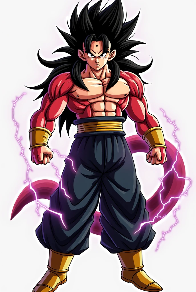 son goku, 1boy, arms at sides, artist name, baggy pants, biceps, black hair, blood, blood from mouth, blue sash, blue wristband, blurry, blurry background, body fur, closed mouth, collarbone, frown, long hair, looking away, looking to the side, male focus, monkey tail, muscular, muscular male, pants, pectorals, red fur, sash, scratches, serious, simple background, solo, spiked hair, standing, super saiyan, super saiyan 4, tail, torn clothes, twitter username, v-shaped eyebrows, wristband, yellow eyes, yellow pants, ((masterpiece)) <lora:son_goku_offset:1>