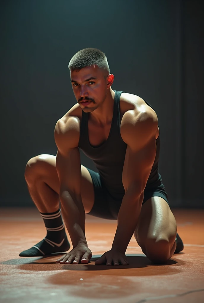 A handsome submissive male wearing a collar on his neck as a symbolic gesture of his submission, facing straight towards the camera in a kneeling position on a studio light