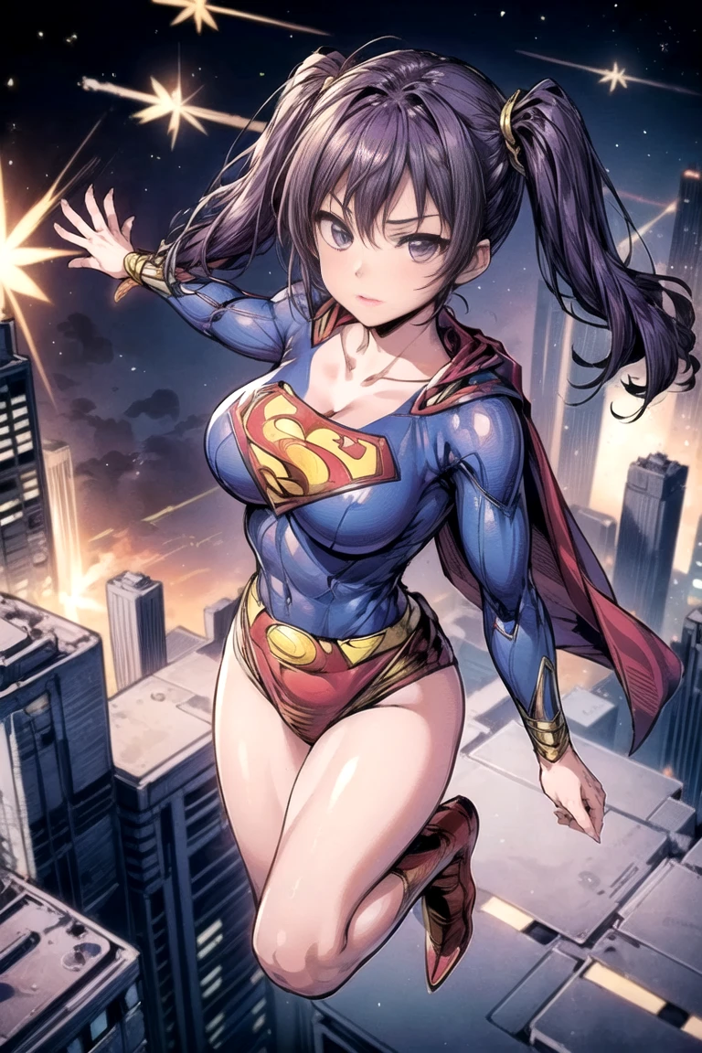 highest quality、complete limbs、Beautiful woman、solo、((brown haired woman:1.4))、((A woman with a tied hairstyle))、big breasted woman、((Woman in Supergirl leotard))、smile、skyscrapers at night、((A woman in a fighting stance:1.3))