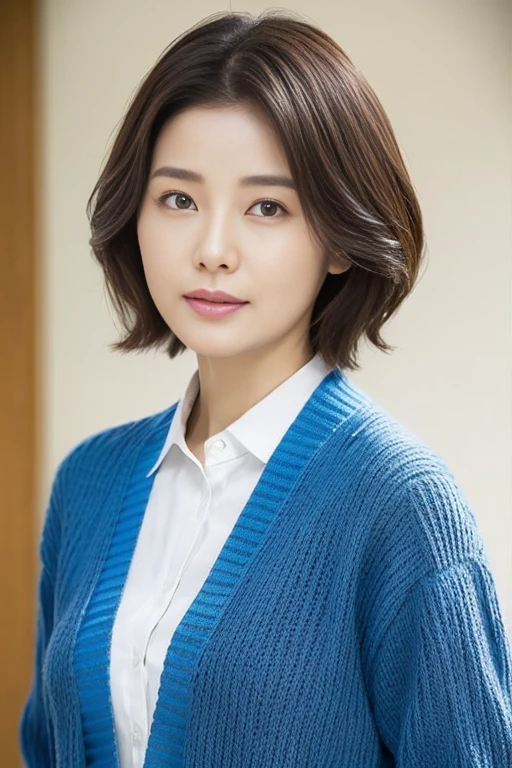 Arafé asian woman in blue cardigan and white shirt, Lee Ji-eun, Lee Ji-eun, Cute Korean Actresses, Nam Jae-yeon, Kwak Ji Yeon , Hwang Seon , Park Ji Min , Shin Min Jung , Sketch by , short hair, Jung Hwa-choi , Jiyun Chae, Yoon Se-sung