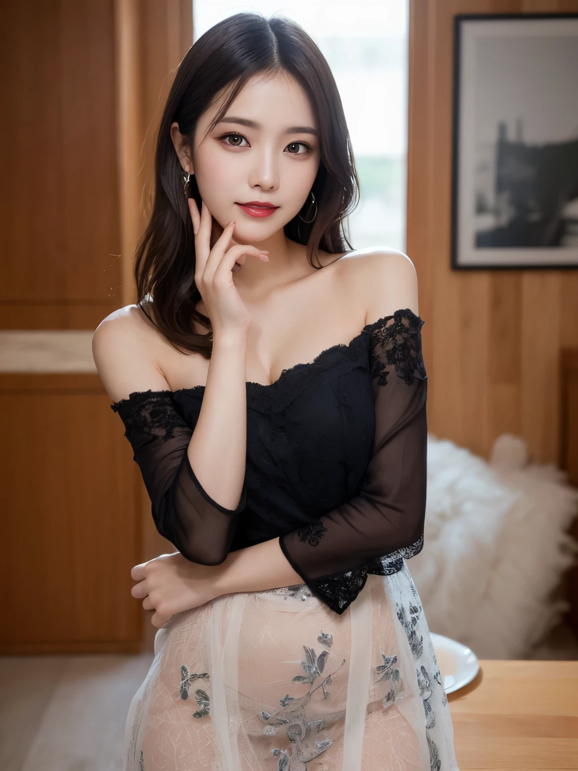 Very detailed eyes, very detailed face, very beautiful woman, best quality, super detailed (photorealistic), very delicate and beautiful legs, beautiful black eyes, absurdity, very detailed expression, big smile