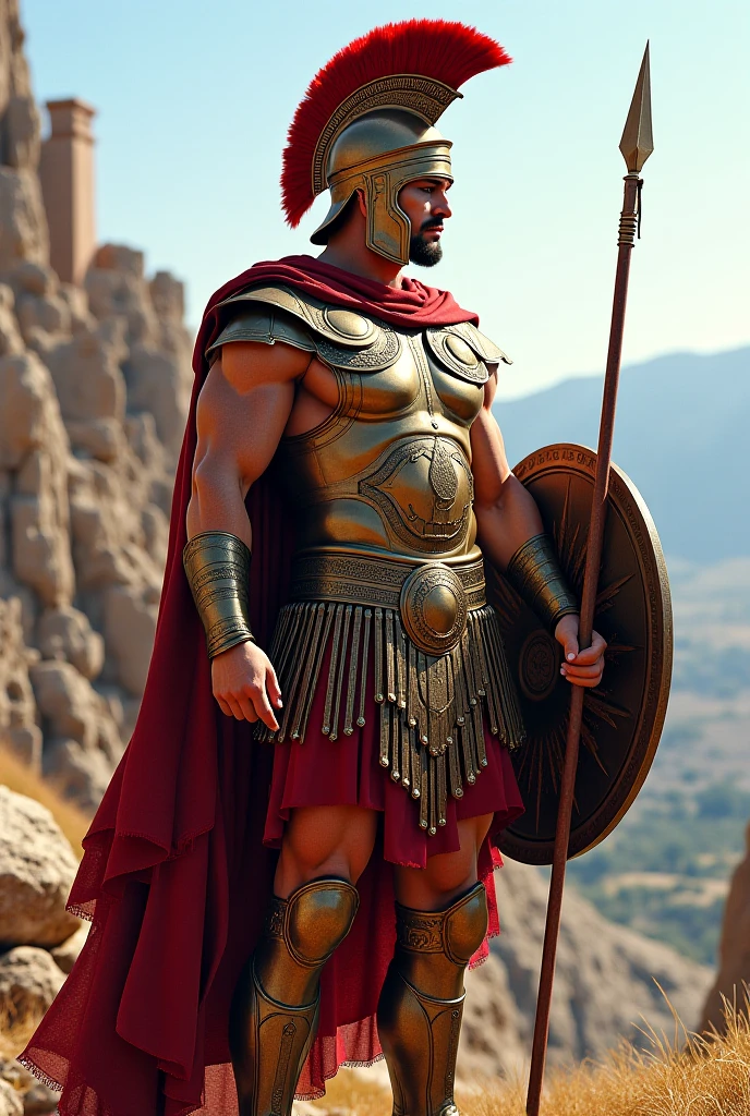 A majestic and intricate ancient Greek art piece, featuring a well-preserved marble statue of a muscular male figure. The figure is adorned with a helmet and armor, holding a shield and a spear, embodying the strength and nobility of ancient Greek warriors. The detailed and realistic design showcases the exceptional craftsmanship of the ancient Greek artists. The background reveals a serene and peaceful landscape, with a clear blue sky and a distant view of a picturesque Greek town.