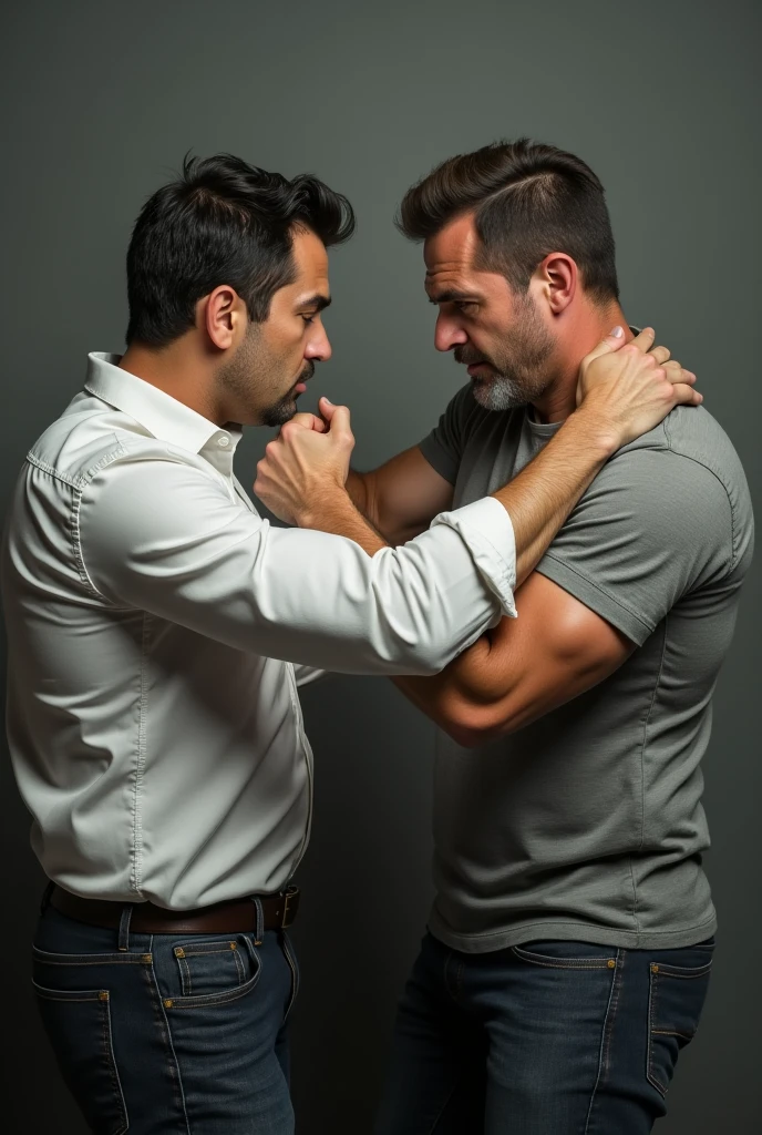 Give image of two people in a fighting scenario one person is holding the color of shirt of the other person while that person is showing punching reaction with his fist like he’s gonna punch his face