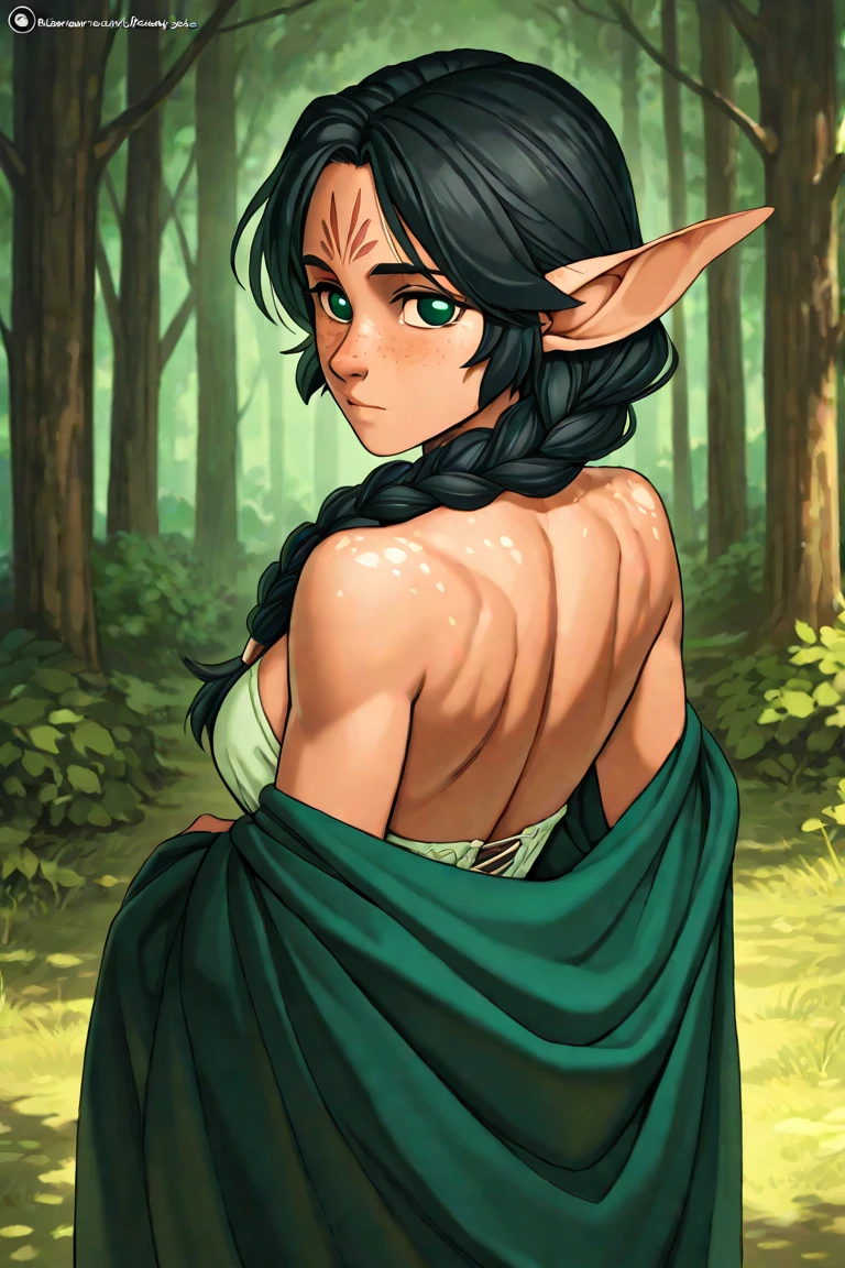 Masterpiece, best quality, portrait, female, dark skin, green hair, very large deer antlers, female leshen from witcher tales, beautiful, forest background, bone jewelry, rustic coffee color clothes decorated with bones and death deer skulls, ripped, death spirit, detailed, creepy, full covered clothes, full clothed, tomboy, close-up, creepy gaze