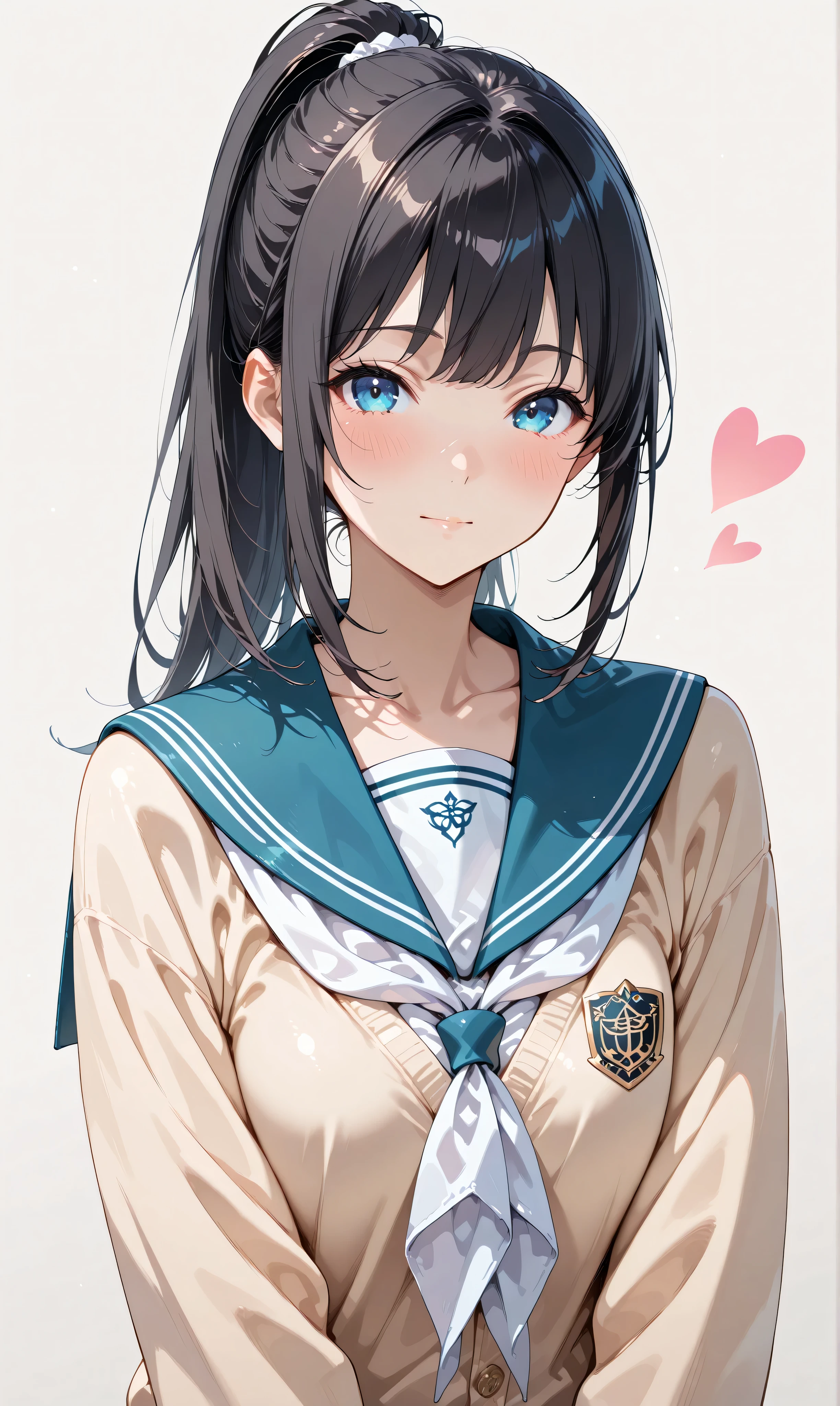 (watercolor:0.4)、( pastel :0.6)、 1girl , Alone, blue eyes, school uniform, ponytail, long hair, looking at viewer, serafuku, upper body, blush, sailor collar, heart, black hair, Cardigan, Neckerchief, bangs, simple background, white Neckerchief, closed mouth, sidelocks, grey background, collarbone, long sleeves, blue sailor collar