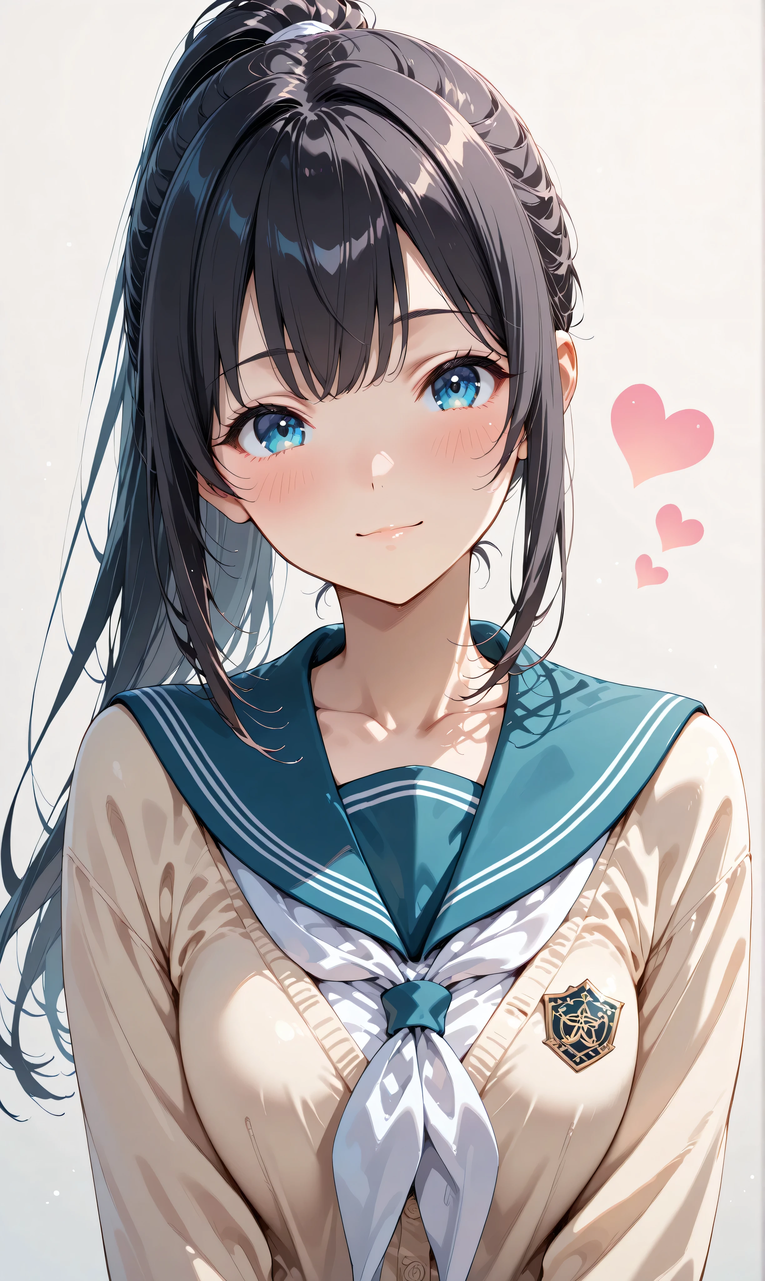 (watercolor:0.4)、(  pastel  :0.6)、  1girl , Alone, blue eyes, school uniform, ponytail, long hair, looking at viewer,  serafuku, upper body, blush, sailor collar, heart, black hair, Cardigan, Neckerchief, bangs, simple background, white Neckerchief, closed mouth, sidelocks, grey background, collarbone, long sleeves, blue sailor collar
