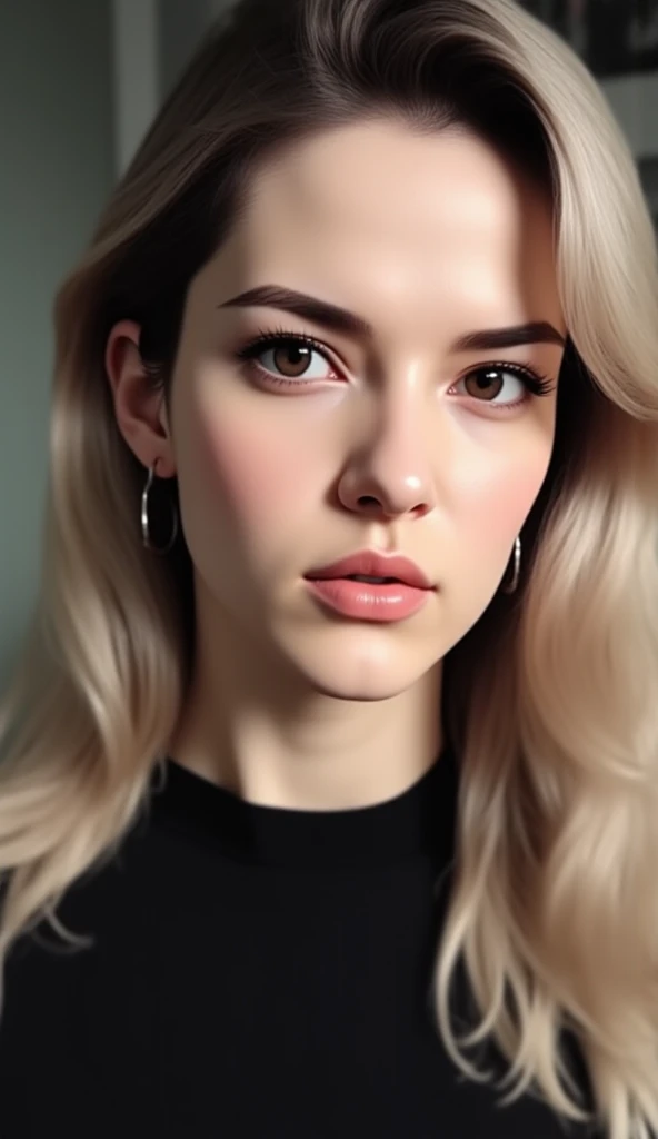 a girl with blonde hair,long hair,beautiful detailed eyes,beautiful detailed lips,extremely detailed face and portrait,1girl,portrait,photorealistic,digital painting,highly detailed,cinematic lighting,warm color tone,sharp focus,vibrant colors,seamless,realistic skin texture,flawless,elegant