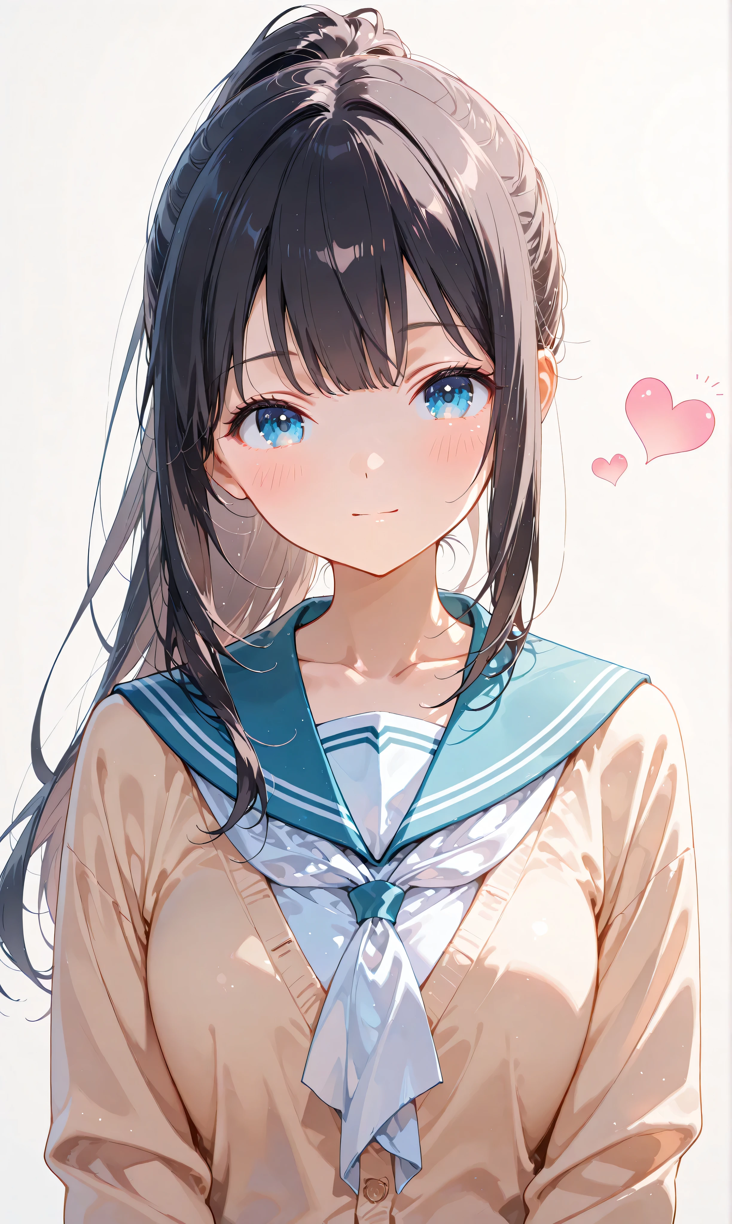 (watercolor:0.4)、( pastel :0.6)、 1girl , Alone, blue eyes, school uniform, ponytail, long hair, looking at viewer, serafuku, upper body, blush, sailor collar, heart, black hair, Cardigan, Neckerchief, bangs, simple background, white Neckerchief, closed mouth, sidelocks, grey background, collarbone, long sleeves, blue sailor collar