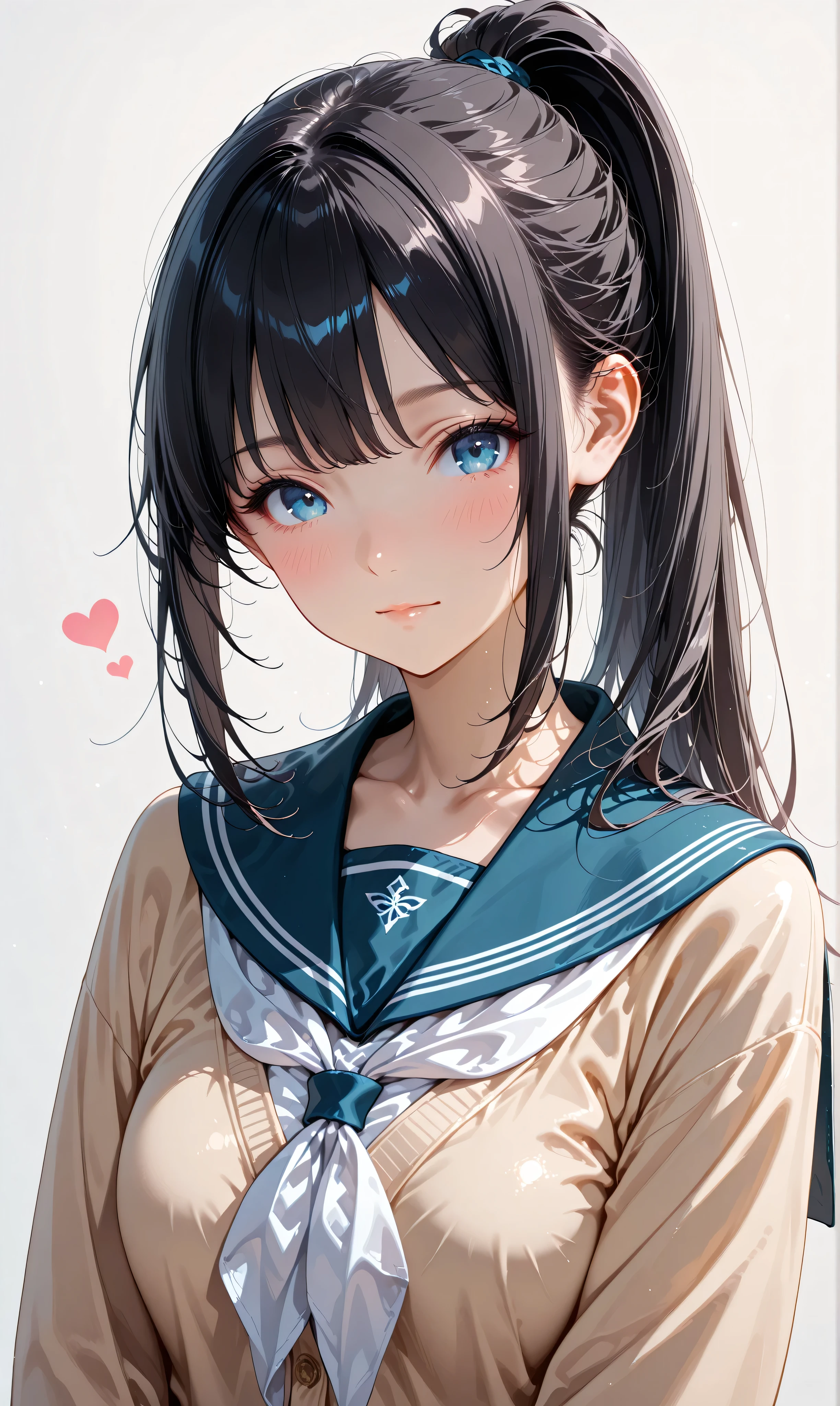 (watercolor:0.4)、( pastel :0.6)、 1girl , Alone, blue eyes, school uniform, ponytail, long hair, looking at viewer, serafuku, upper body, blush, sailor collar, heart, black hair, Cardigan, Neckerchief, bangs, simple background, white Neckerchief, closed mouth, sidelocks, grey background, collarbone, long sleeves, blue sailor collar