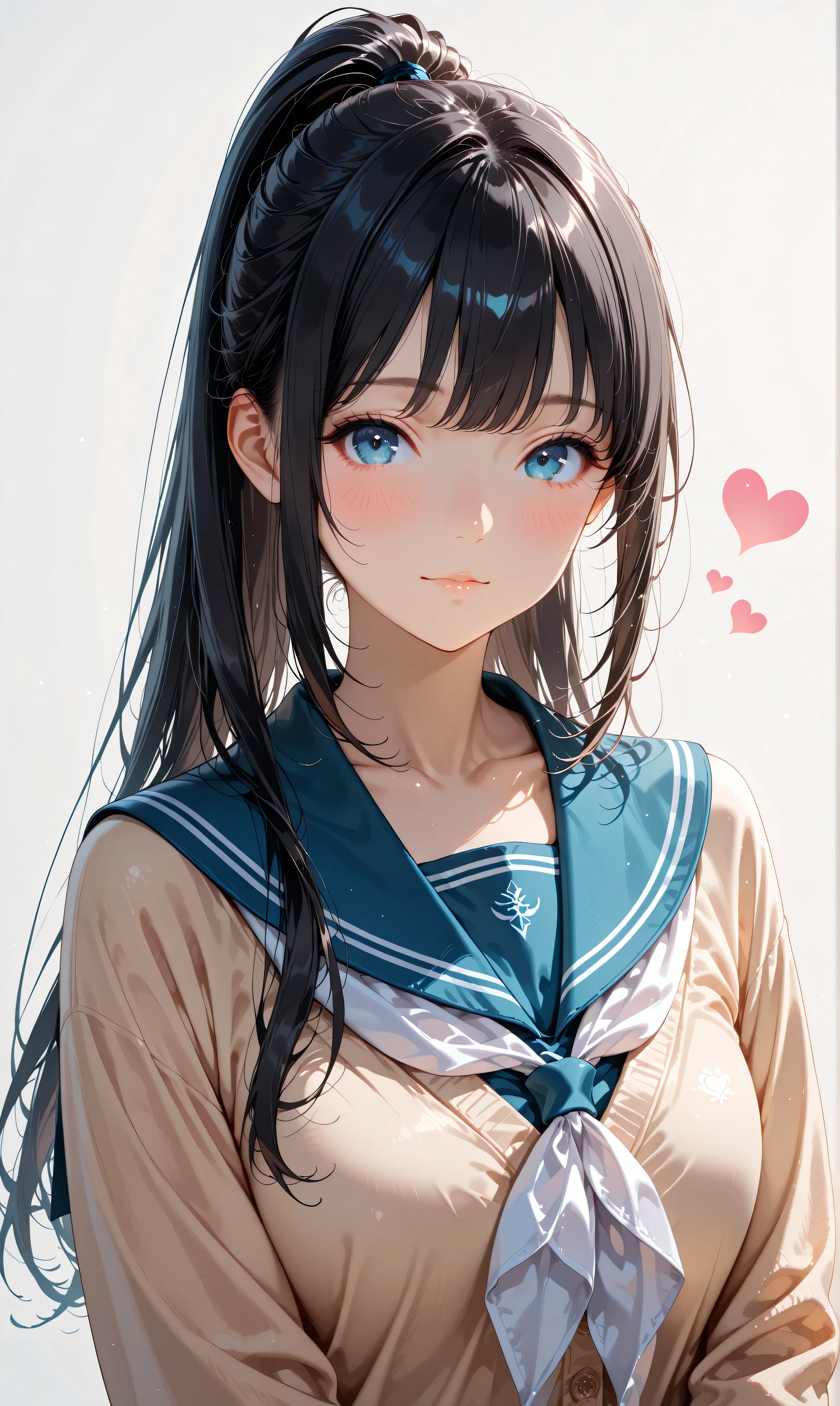 (watercolor:0.4)、( pastel :0.6)、 1girl , Alone, blue eyes, school uniform, ponytail, long hair, looking at viewer, serafuku, upper body, blush, sailor collar, heart, black hair, Cardigan, Neckerchief, bangs, simple background, white Neckerchief, closed mouth, sidelocks, grey background, collarbone, long sleeves, blue sailor collar