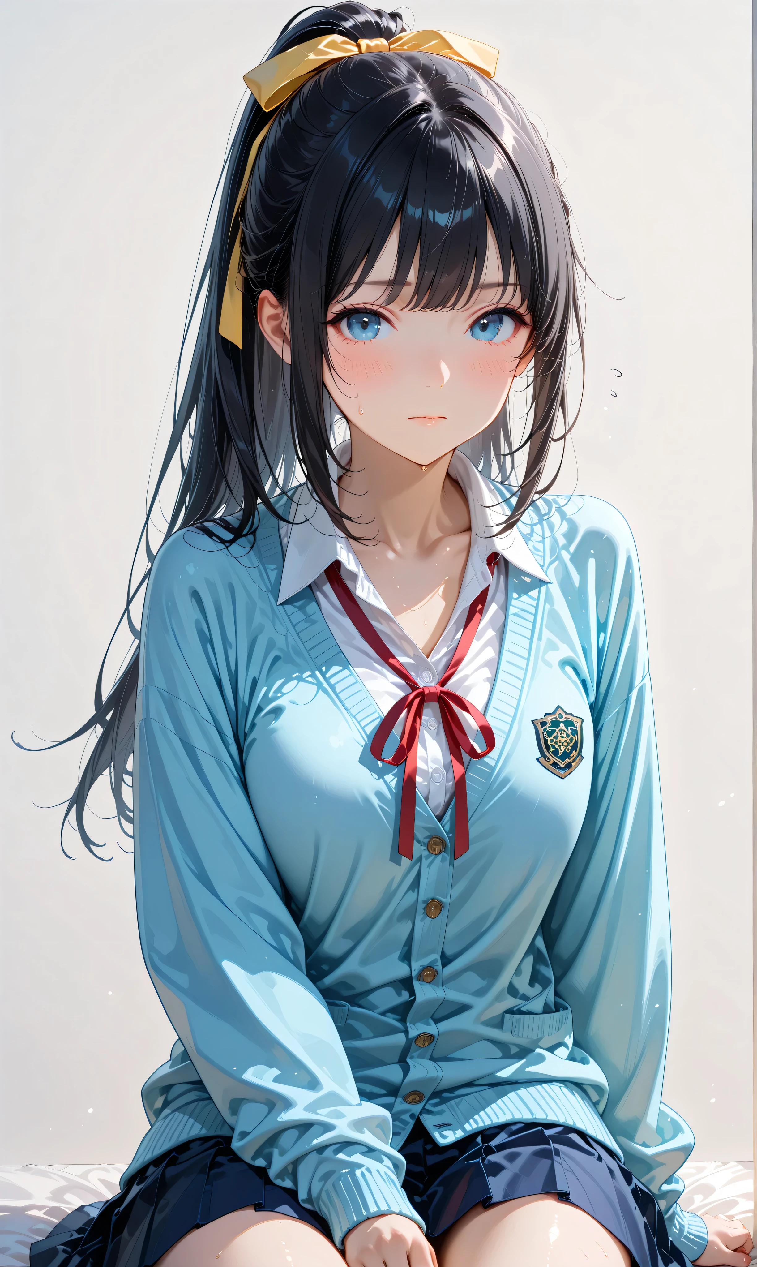 (watercolor:0.4)、( pastel :0.6)、 1girl , Alone, blue eyes, ribbon, black hair, looking at viewer, ponytail, shirt, school uniform, Cardigan, skirt, white shirt, simple background, grey background, collared shirt, blush, closed mouth, bangs, long sleeves, pleated skirt, long hair, red ribbon, neck ribbon, collarbone, sitting, hair ribbon, sweatdrop, blue Cardigan, sidelocks, yellow ribbon