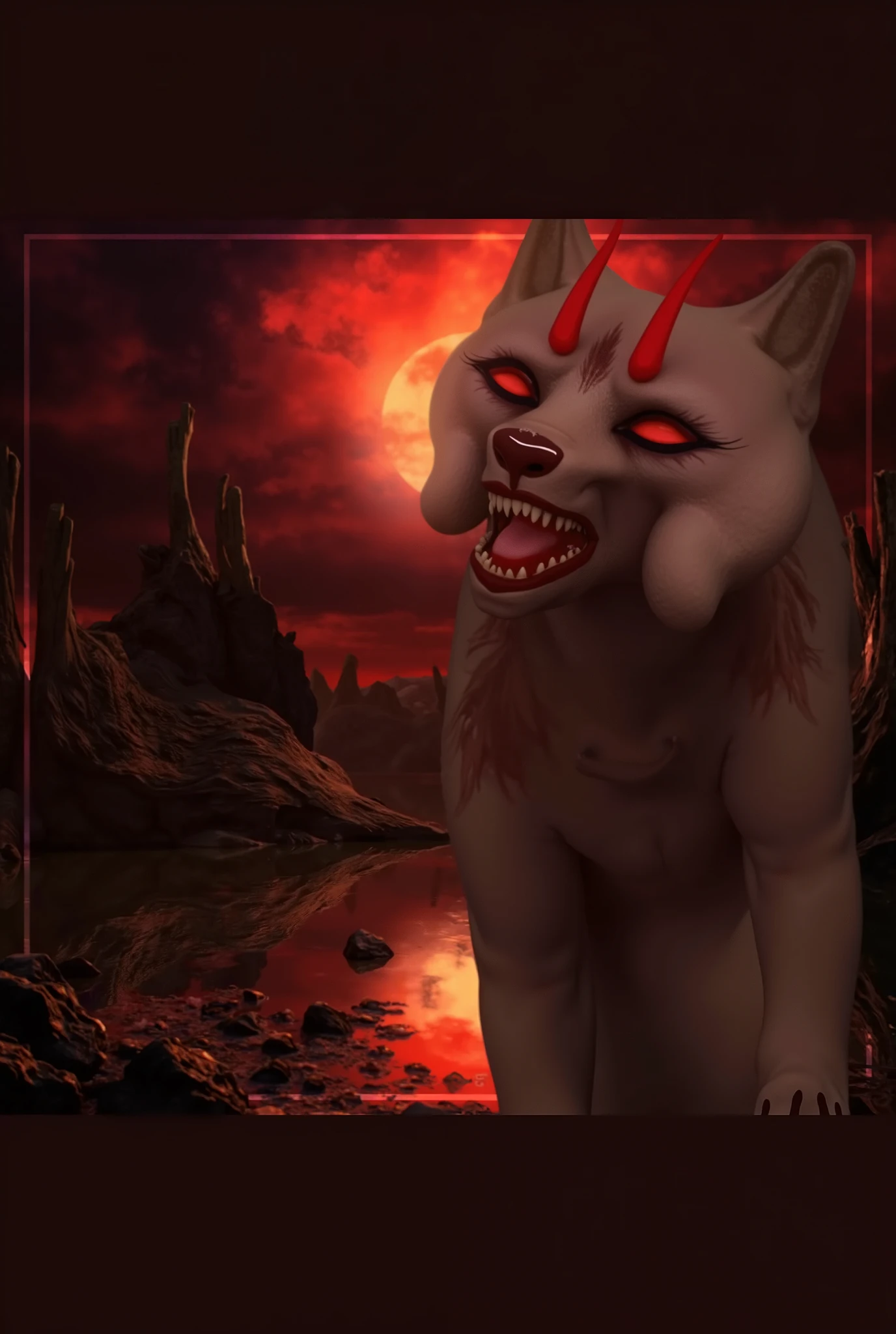 a beautiful detailed kitsune woman with long black fox ears and tails, glowing red eyes, highly detailed mature and curvy figure, large breasts, holding a towel, ruling over a lake with a huge red blood moon reflecting in the water, surrounded by a burning forest full of charred corpses, terrifying smile with glowing red eyes, body covered in dark sinister stains, (best colors,extreme detail description,professional,horror,fantasy