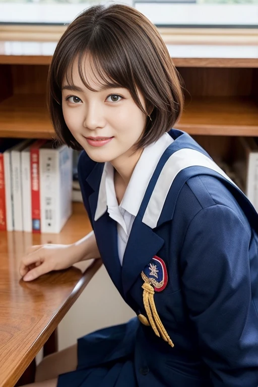 （8k、Raw photography、highest quality、masterpiece：1.2),(Black-haired、Very short hair:1.8),(:1.3)、View your audience,Viewed from the front,White skin,(high school girl、Beige school uniform:1.6)、(Tight waist:1.6)、(Clothes that accentuate the shape of the breasts:1.0)、(Big Breasts :1.3)、Slim figure、Ultra-high resolution,beautiful,beautiful fece,(one person、No background:1.9),whole bodyボディー,Japanese women,（reality的：1.37）、Photon Mapping,reality、(Baby-faced and cute: 1.4)、(Cute Smile: 1.8)、(Round face: 1.8)、Radio City、Physically Based Rendering、Depth of field rally background、photograph, (I can see your knees、Thigh close-up:1.8),（barefoot:1.5）,whole body、Great quality