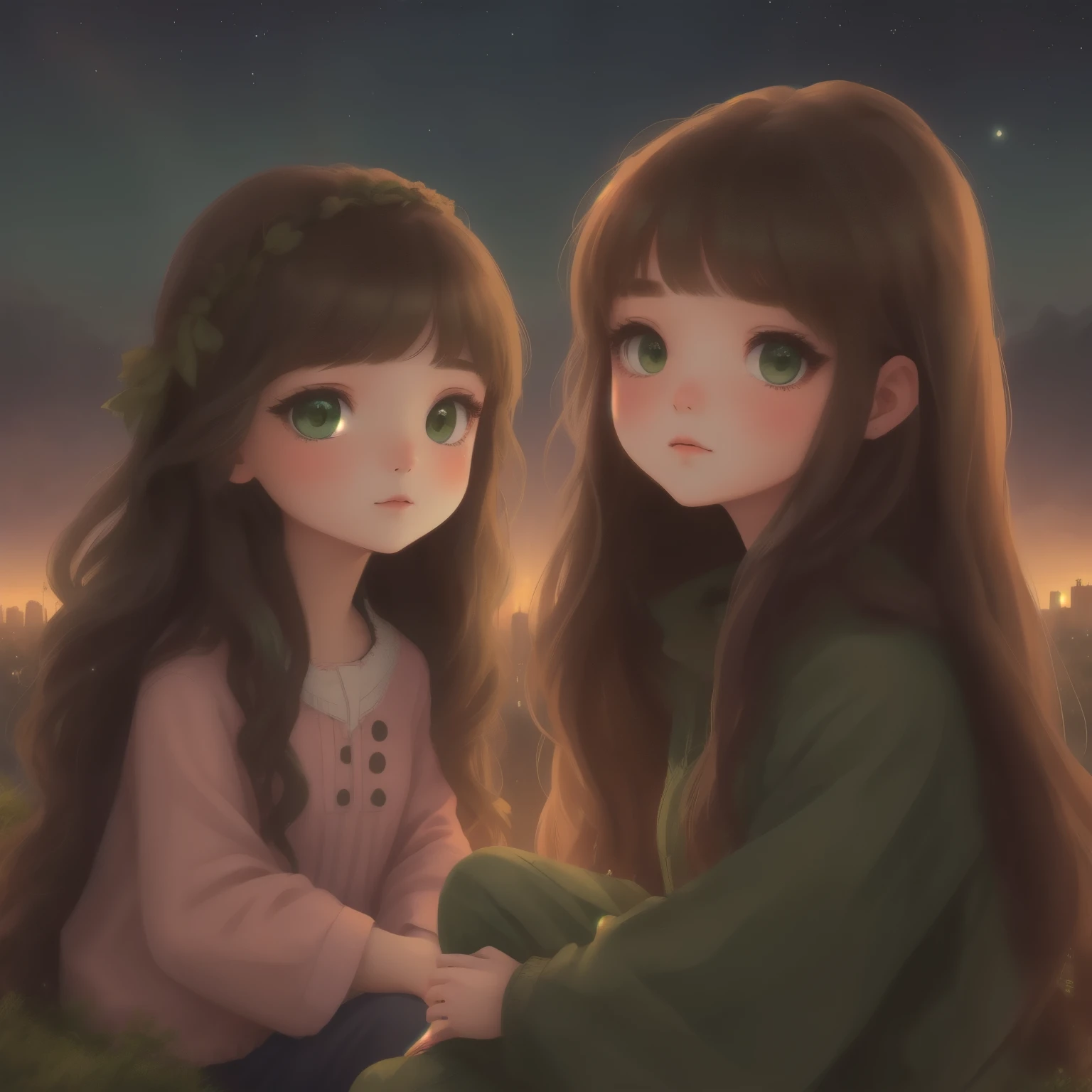 A girl with long brown hair dark green eyes looks down from a hill at the city below, her friends are near her. city lights, twilight, starry sky