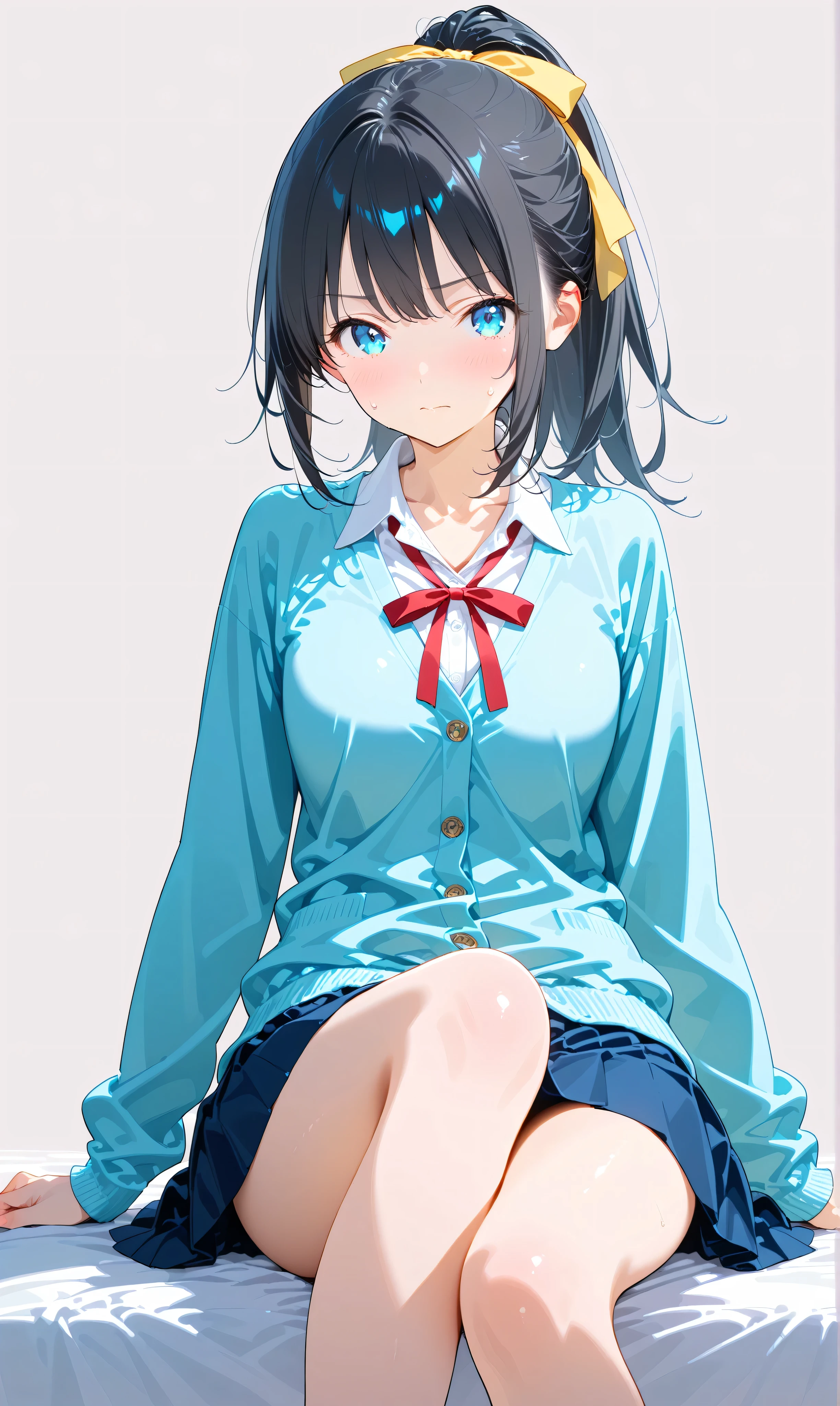 (watercolor:0.4)、(  pastel  :0.6)、  1girl , Alone, blue eyes, ribbon, black hair, looking at viewer, ponytail, shirt, school uniform, Cardigan, skirt, white shirt, simple background, grey background, collared shirt, blush, closed mouth, bangs, long sleeves, pleated skirt, long hair, red ribbon, neck ribbon, collarbone, sitting, hair ribbon, sweatdrop, blue Cardigan, sidelocks, yellow ribbon
