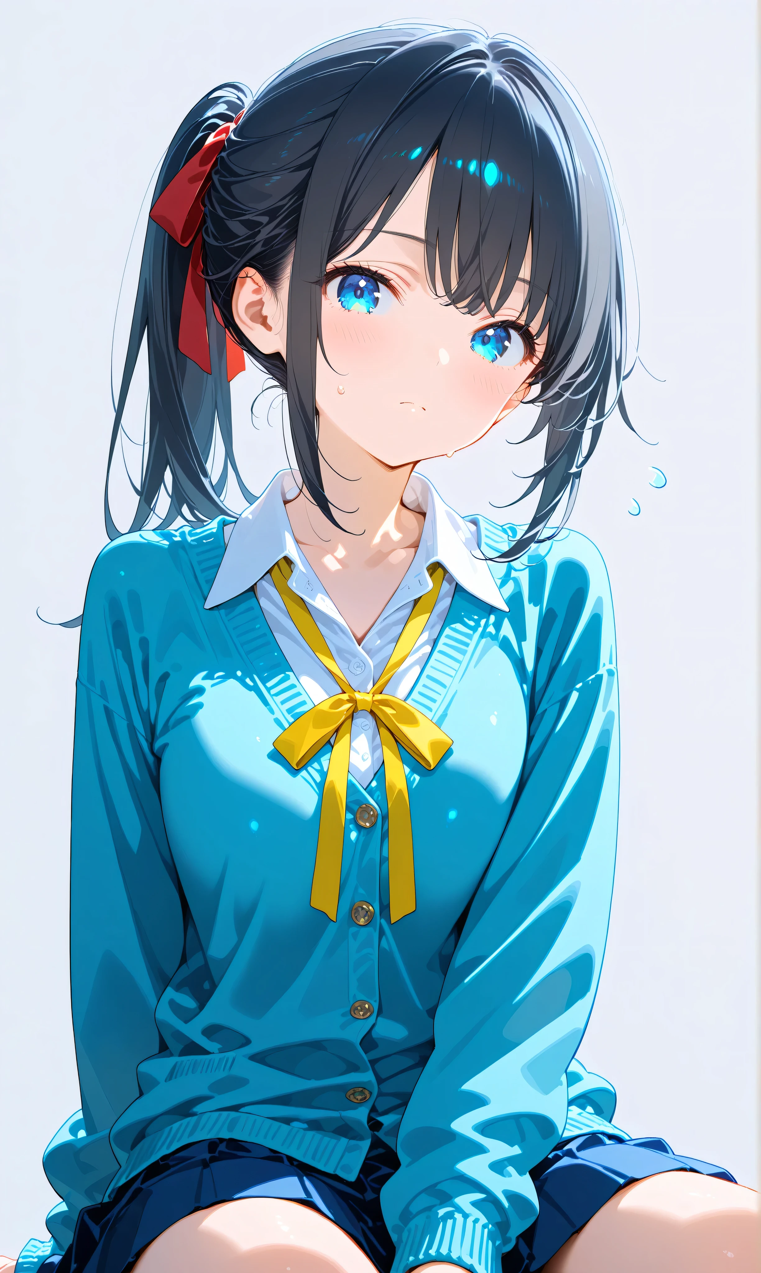 (watercolor:0.4)、( pastel :0.6)、 1girl , Alone, blue eyes, ribbon, black hair, looking at viewer, ponytail, shirt, school uniform, Cardigan, skirt, white shirt, simple background, grey background, collared shirt, blush, closed mouth, bangs, long sleeves, pleated skirt, long hair, red ribbon, neck ribbon, collarbone, sitting, hair ribbon, sweatdrop, blue Cardigan, sidelocks, yellow ribbon