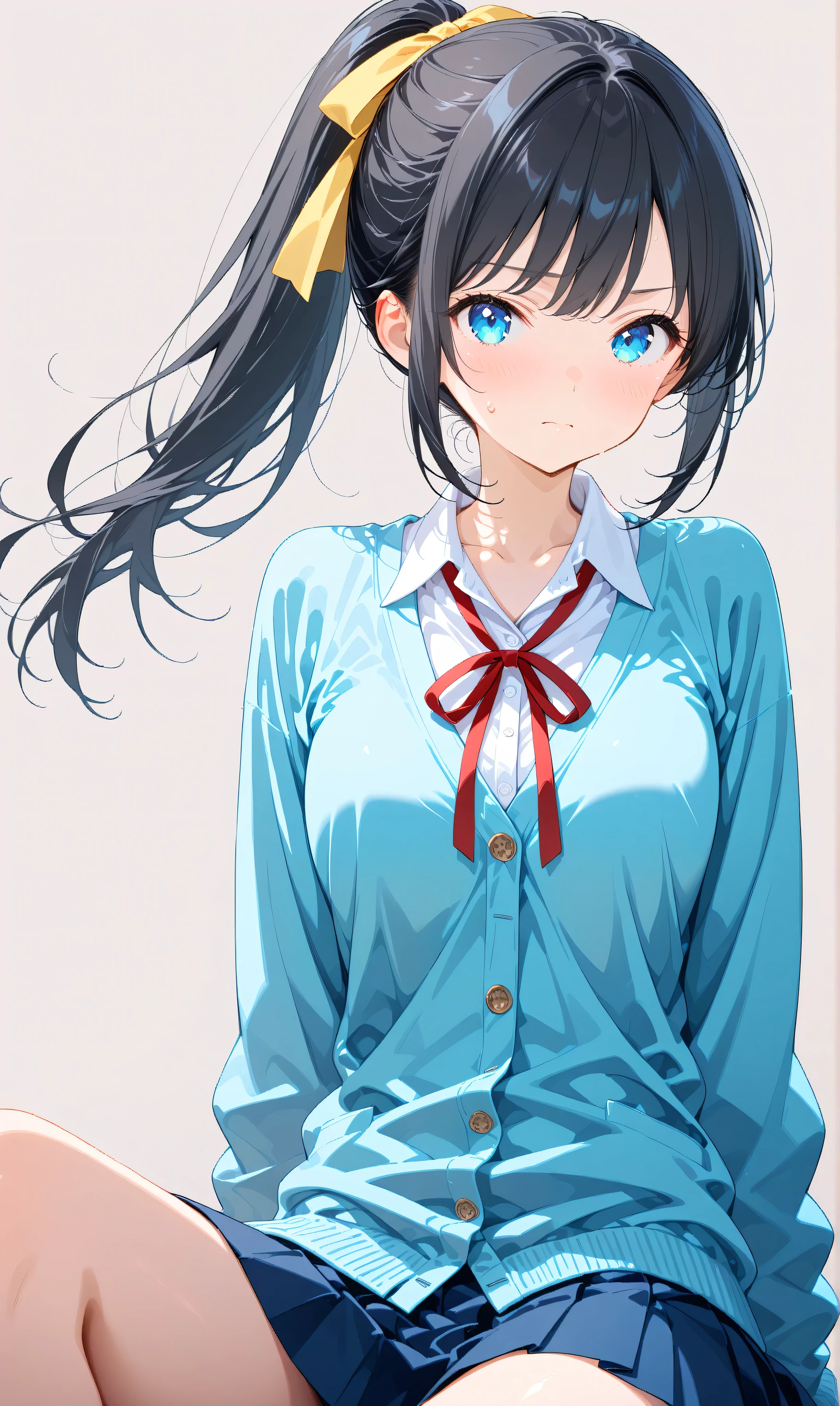 (watercolor:0.4)、( pastel :0.6)、 1girl , Alone, blue eyes, ribbon, black hair, looking at viewer, ponytail, shirt, school uniform, Cardigan, skirt, white shirt, simple background, grey background, collared shirt, blush, closed mouth, bangs, long sleeves, pleated skirt, long hair, red ribbon, neck ribbon, collarbone, sitting, hair ribbon, sweatdrop, blue Cardigan, sidelocks, yellow ribbon