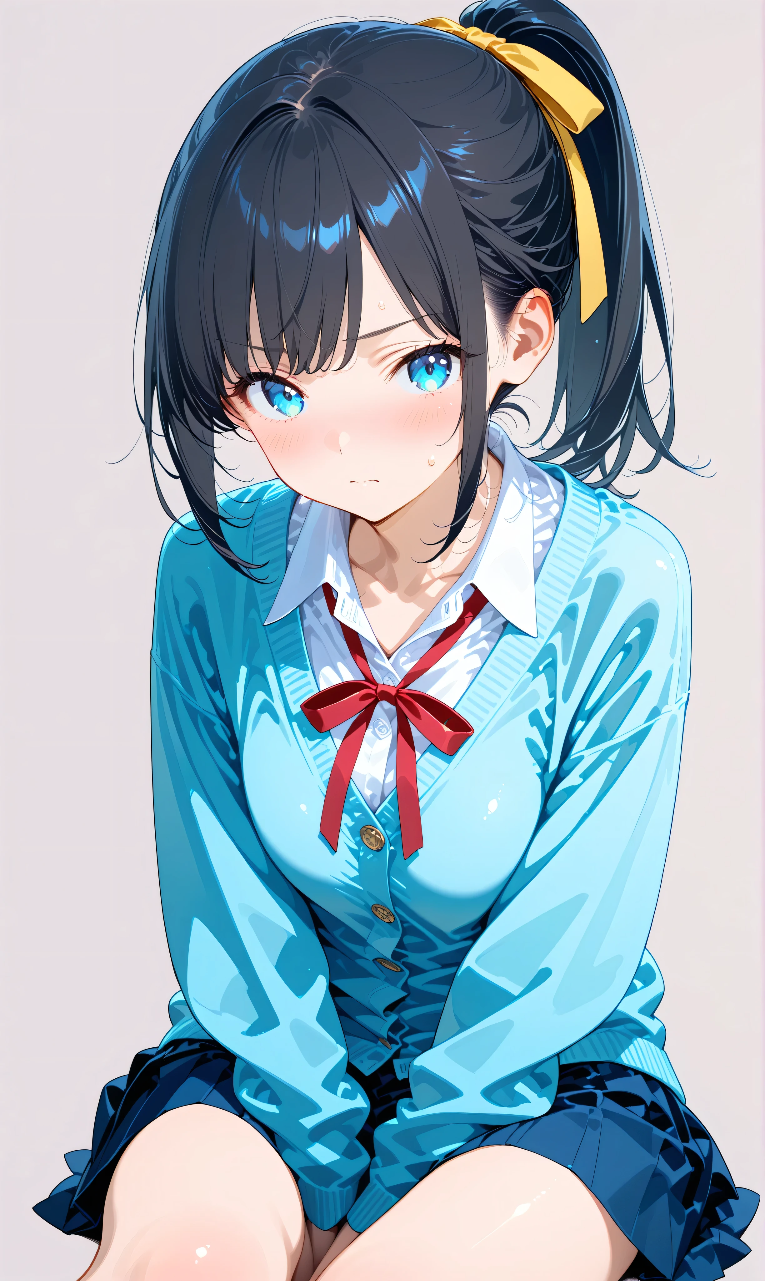 (watercolor:0.4)、( pastel :0.6)、 1girl , Alone, blue eyes, ribbon, black hair, looking at viewer, ponytail, shirt, school uniform, Cardigan, skirt, white shirt, simple background, grey background, collared shirt, blush, closed mouth, bangs, long sleeves, pleated skirt, long hair, red ribbon, neck ribbon, collarbone, sitting, hair ribbon, sweatdrop, blue Cardigan, sidelocks, yellow ribbon