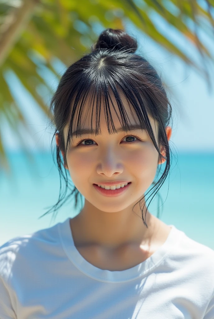 ((highest quality、table top、8k、best image quality、Award-winning work、ultra high resolution))、(A big smile showing beautiful white teeth:1.2)、(beautiful beach:1.1)、(Perfect white polyester collared short sleeve shirt:1.1)、(Perfect high school uniform white shirt made of polyester:1.1)、The most natural and perfect sea background、最も澄んだbeautiful sea、(front closeup:1.8)、black brown hair、hair swaying in the wind、sandy beach、beautiful sea、(鮮やかで澄んだbeautiful sea:1.1)、The most transparent sparkling sea、Complex sea glow、The most detailed and realistic sea、beautiful seaの詳細が描かれています、(very bright and shiny skin:1.2)、(ultra high resolutionの完璧な美しい歯:1.1)、ultra high resolutionヘア、ultra high resolutionのキラキラ瞳、(ultra high resolutionで輝く純白の肌:1.2)、ultra high resolutionの艶やかな唇、(a very bright and shining face:1.3)、(very bright and vivid:1.5)、(very refreshing:1.1)、(Brilliant white and beautiful skin:1.2)、(very bright white shirt:1.2)、(very bright and shiny skin:1.2)、blurred background、(Face covered with a large amount of semen:1.7)、(Close up of semen covered face:1.7)、、(完璧にバランスが取れたultra high resolutionの美しい顔:1.1)