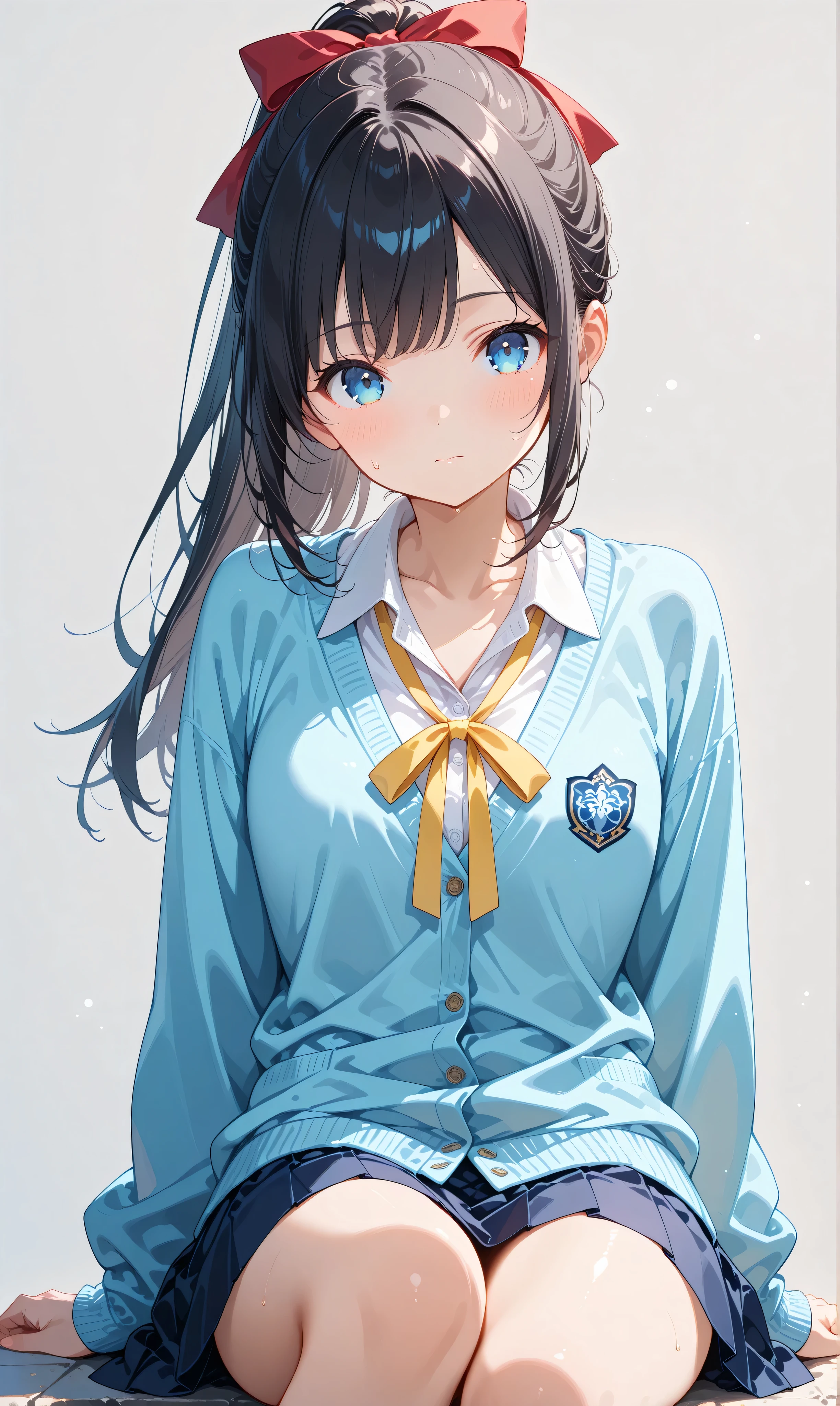 (watercolor:0.4)、( pastel :0.6)、 1girl , Alone, blue eyes, ribbon, black hair, looking at viewer, ponytail, shirt, school uniform, Cardigan, skirt, white shirt, simple background, grey background, collared shirt, blush, closed mouth, bangs, long sleeves, pleated skirt, long hair, red ribbon, neck ribbon, collarbone, sitting, hair ribbon, sweatdrop, blue Cardigan, sidelocks, yellow ribbon