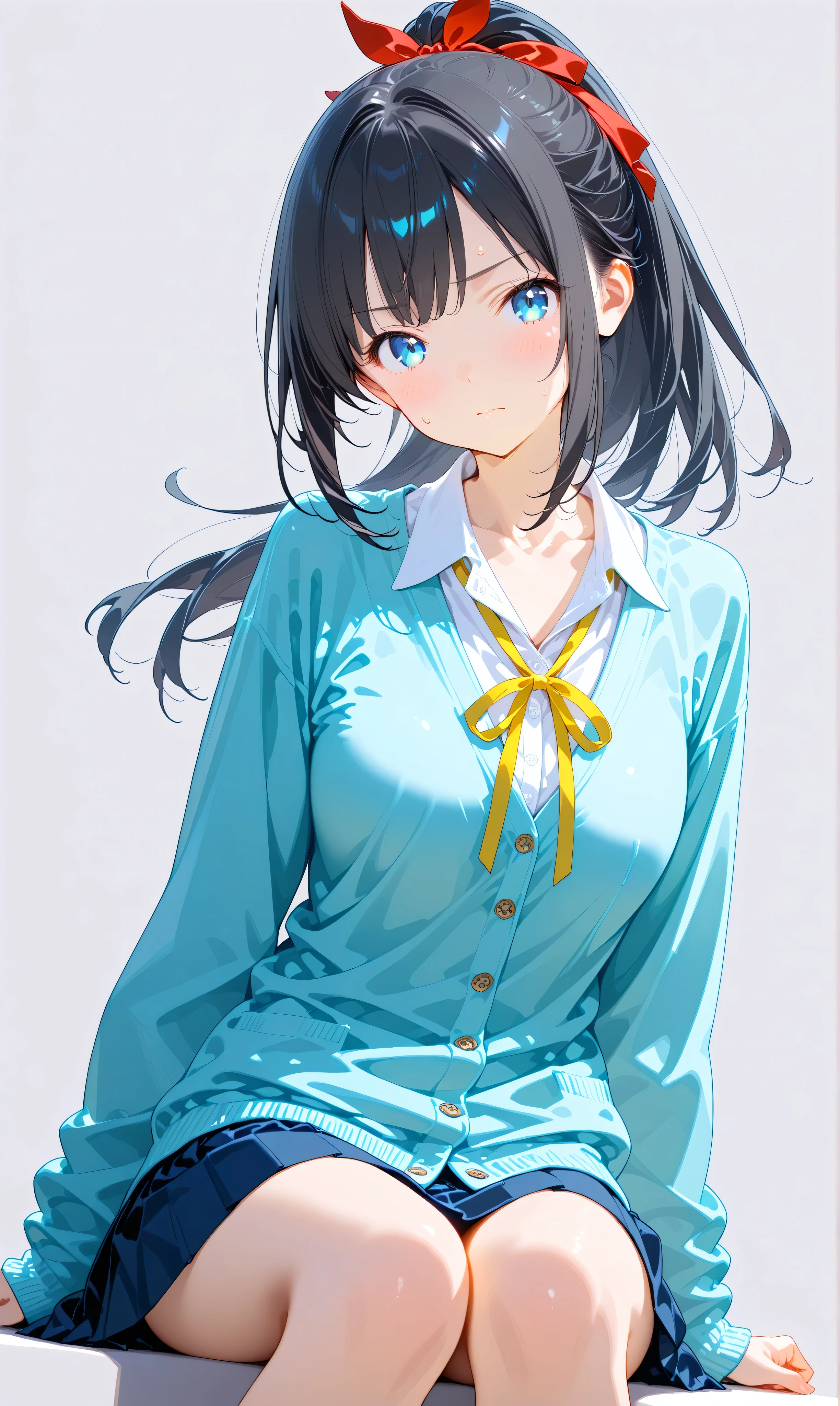 (watercolor:0.4)、( pastel :0.6)、 1girl , Alone, blue eyes, ribbon, black hair, looking at viewer, ponytail, shirt, school uniform, Cardigan, skirt, white shirt, simple background, grey background, collared shirt, blush, closed mouth, bangs, long sleeves, pleated skirt, long hair, red ribbon, neck ribbon, collarbone, sitting, hair ribbon, sweatdrop, blue Cardigan, sidelocks, yellow ribbon