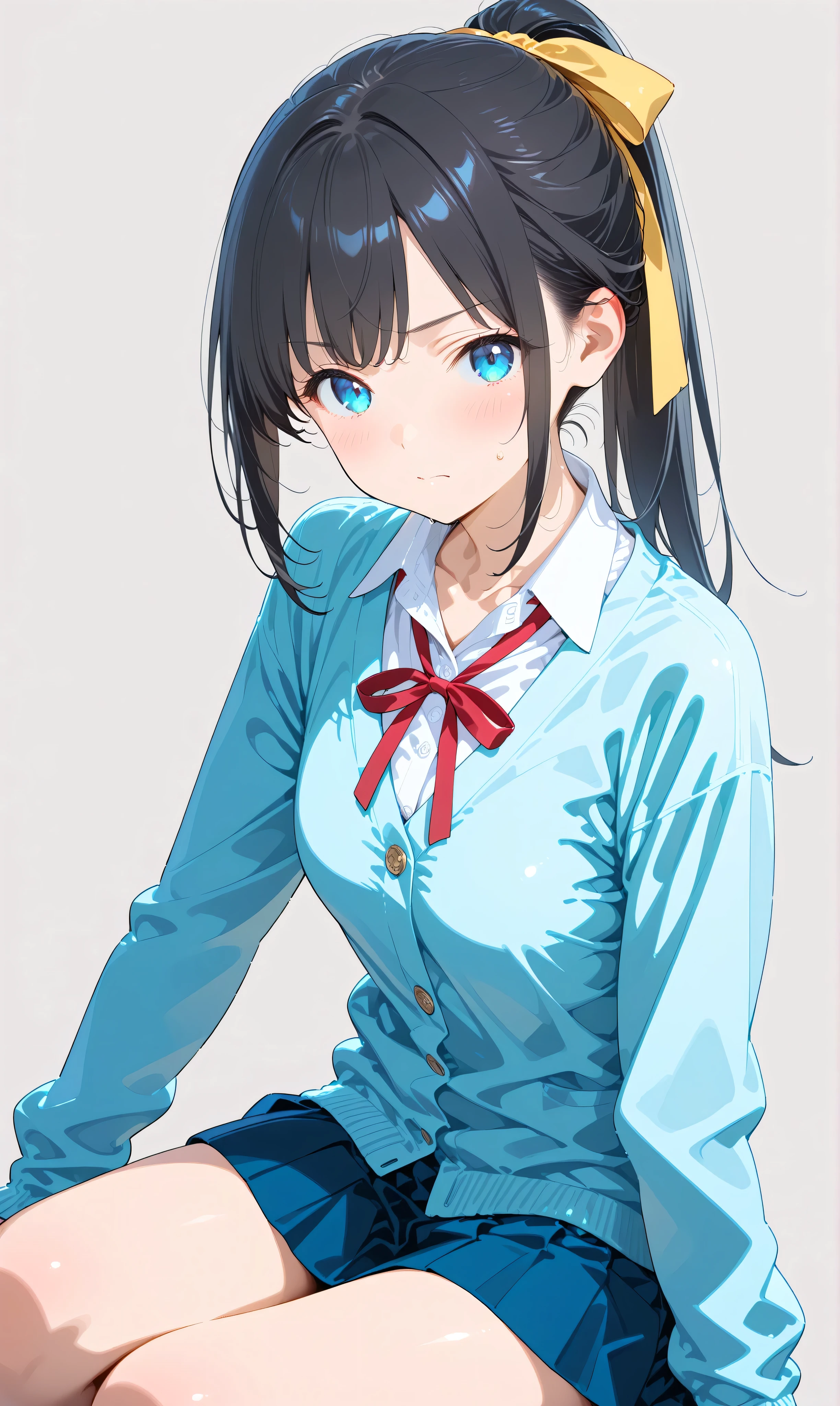 (watercolor:0.4)、( pastel :0.6)、 1girl , Alone, blue eyes, ribbon, black hair, looking at viewer, ponytail, shirt, school uniform, Cardigan, skirt, white shirt, simple background, grey background, collared shirt, blush, closed mouth, bangs, long sleeves, pleated skirt, long hair, red ribbon, neck ribbon, collarbone, sitting, hair ribbon, sweatdrop, blue Cardigan, sidelocks, yellow ribbon
