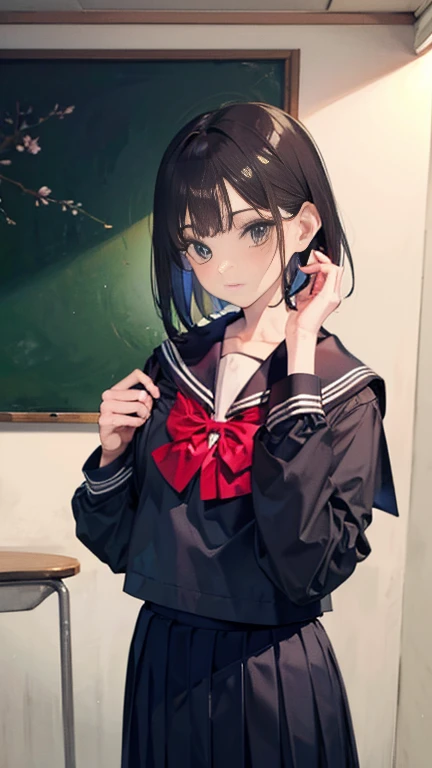 highest quality、High resolution、Detailed Background、Beautiful face in every detail、Teenage beauty、Detailed red eyes、Realistic、Perfect body line、Black Hair、Wavy Hairstyle、well-groomed eyebrows、Cute Eye Makeup、Cute Lip Makeup、Calm atmosphere、A short-sleeved shiny dark sailor suit、White sailor collar、Navy blue pleated skirt、Red ribbon、White Stockings、Standing by the window in the classroom、Looking at me with a blush、Cute gestures、very beautiful