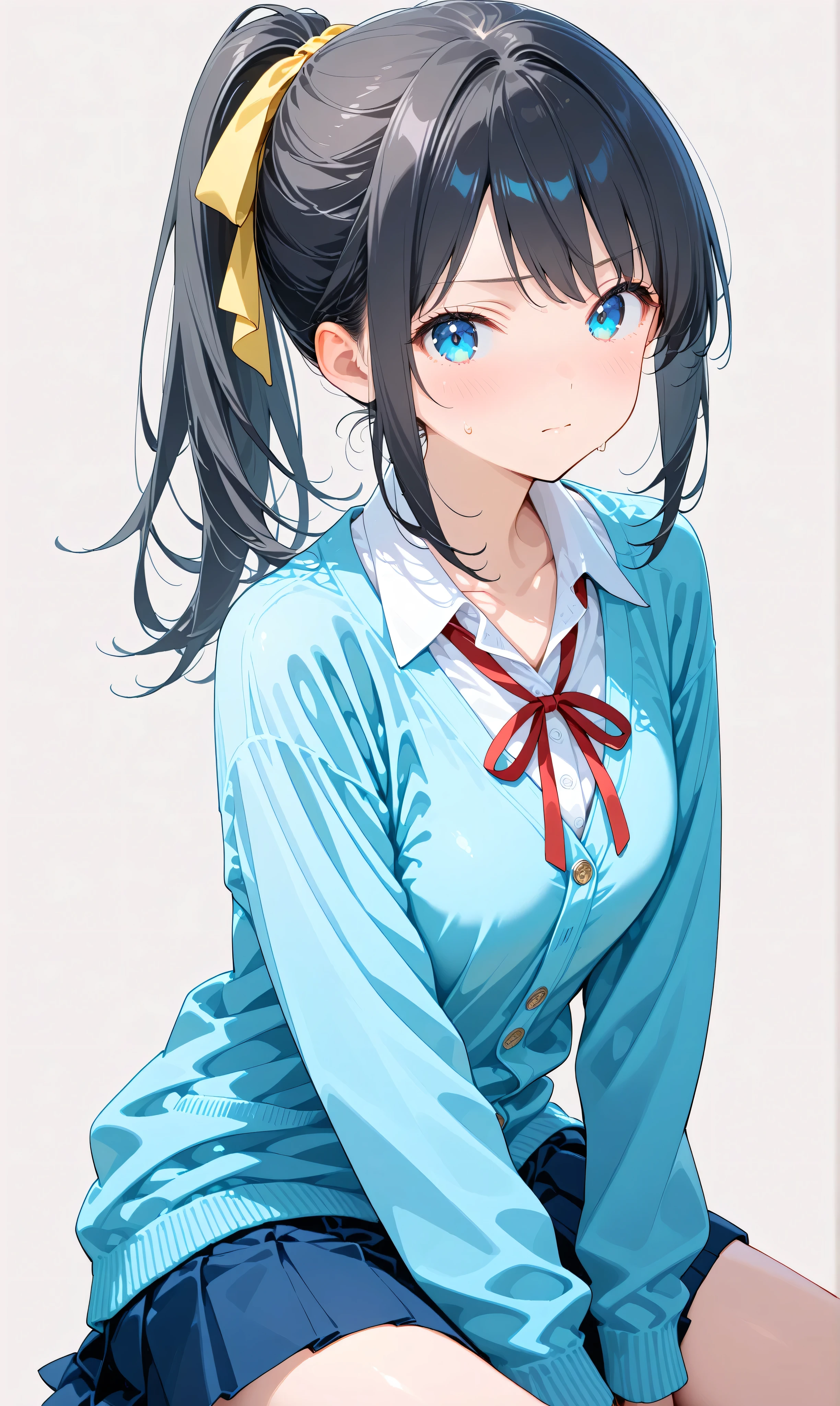 (watercolor:0.4)、( pastel :0.6)、 1girl , Alone, blue eyes, ribbon, black hair, looking at viewer, ponytail, shirt, school uniform, Cardigan, skirt, white shirt, simple background, grey background, collared shirt, blush, closed mouth, bangs, long sleeves, pleated skirt, long hair, red ribbon, neck ribbon, collarbone, sitting, hair ribbon, sweatdrop, blue Cardigan, sidelocks, yellow ribbon
