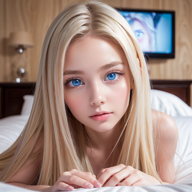 ((best quality)), ((masterpiece)), (detailed), perfect face, golden hair, blue eyes, 20 year old, naked, far from viewers, on bed