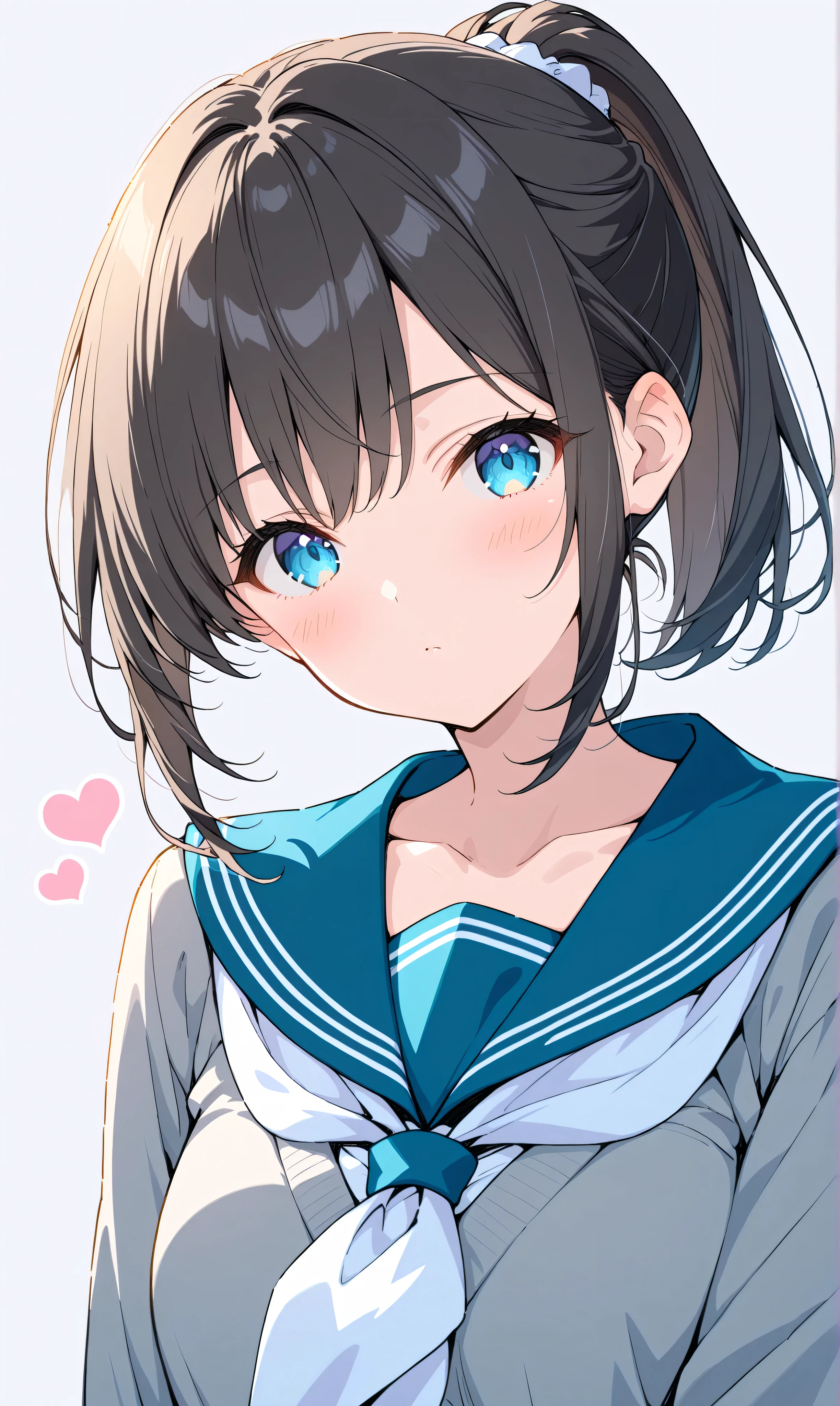 (watercolor:0.4)、( pastel :0.6)、 1girl , Alone, blue eyes, school uniform, ponytail, long hair, looking at viewer, serafuku, upper body, blush, sailor collar, heart, black hair, Cardigan, Neckerchief, bangs, simple background, white Neckerchief, closed mouth, sidelocks, grey background, collarbone, long sleeves, blue sailor collar