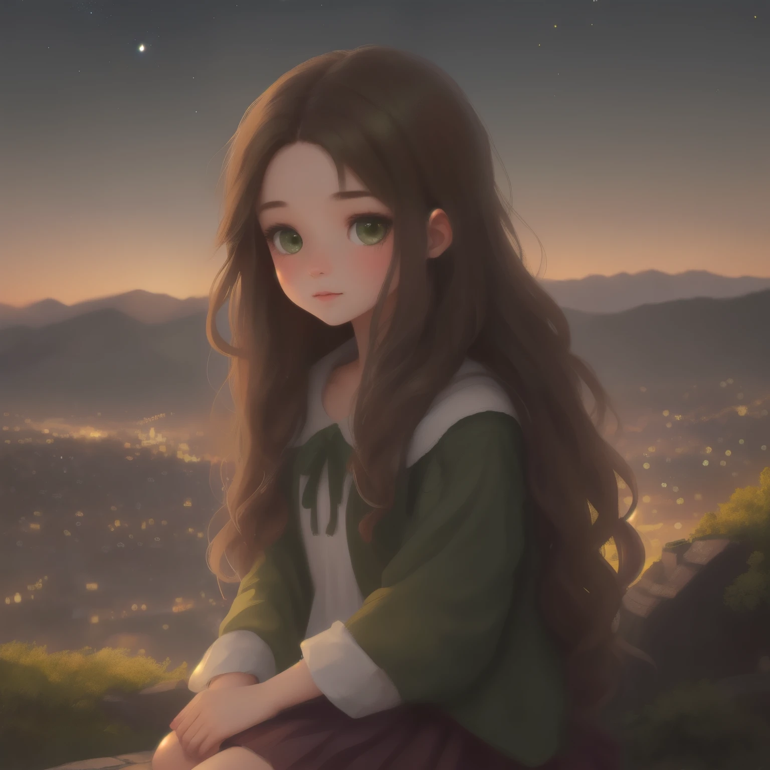 A girl with long brown hair dark green eyes looks down from a hill at the city below, her friends are near her. city lights, twilight, starry sky