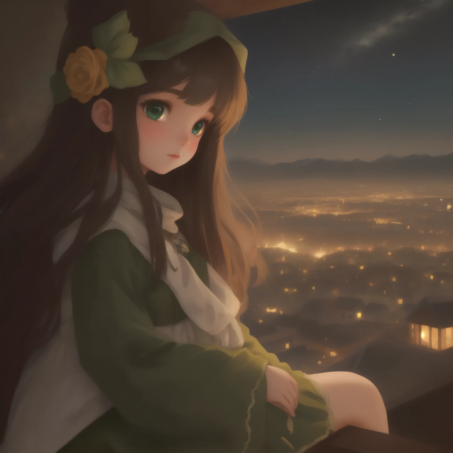 A girl with long brown hair dark green eyes looks down from a hill at the city below, her friends are near her. city lights, twilight, starry sky