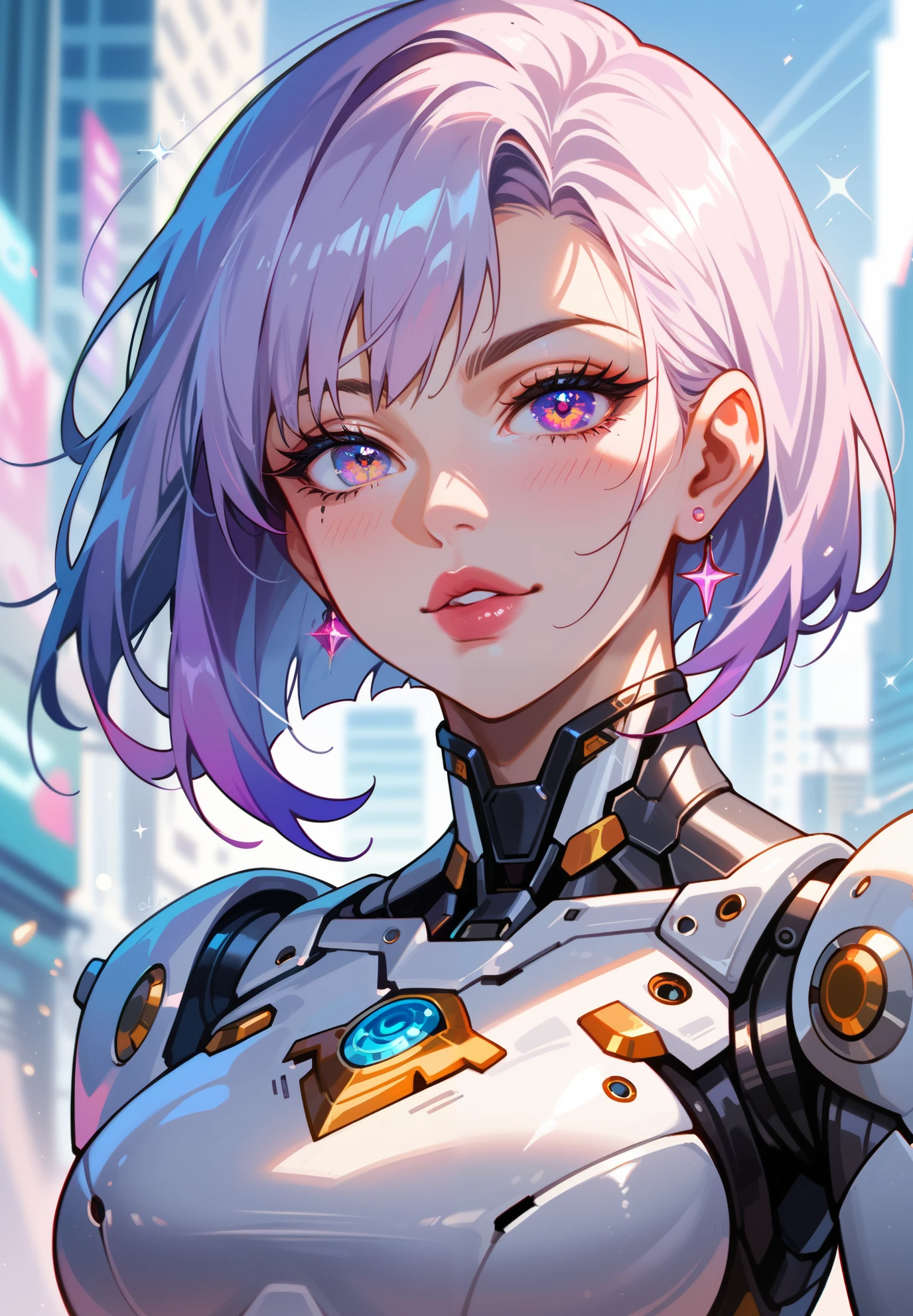 medium shot photo of sexy female cyborg wearing scratched and tarnished futuristic armor in a destroyed futuristic city, fantasy, sci-fi, beautiful feminine face, seductive, sexual, mist, vivid alluring eyes, dramatic, shallow depth of field, cinematic lighting, bloom, light sparkles, chromatic aberration, sharp focus,