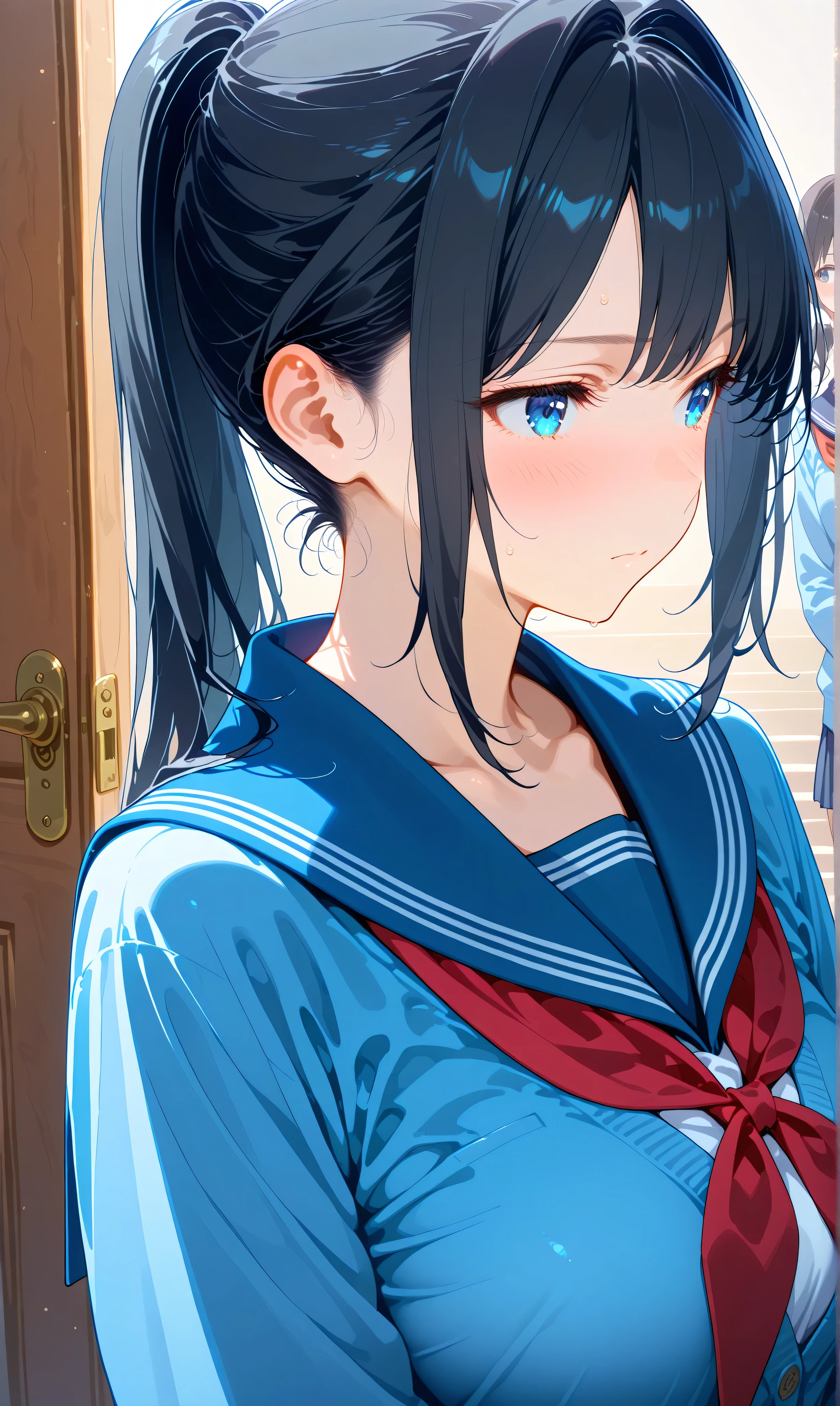 (watercolor:0.4)、( pastel :0.6)、 blue eyes, school uniform, long hair, ponytail, Cardigan, black hair, serafuku, sailor collar, blush, bangs, Neckerchief, red Neckerchief, solo focus, upper body, sidelocks, closed mouth, blue Cardigan, collarbone, 1girl , long sleeves, looking away, looking to the side, blue sailor collar, multiple girls, shirt, hair intakes, door