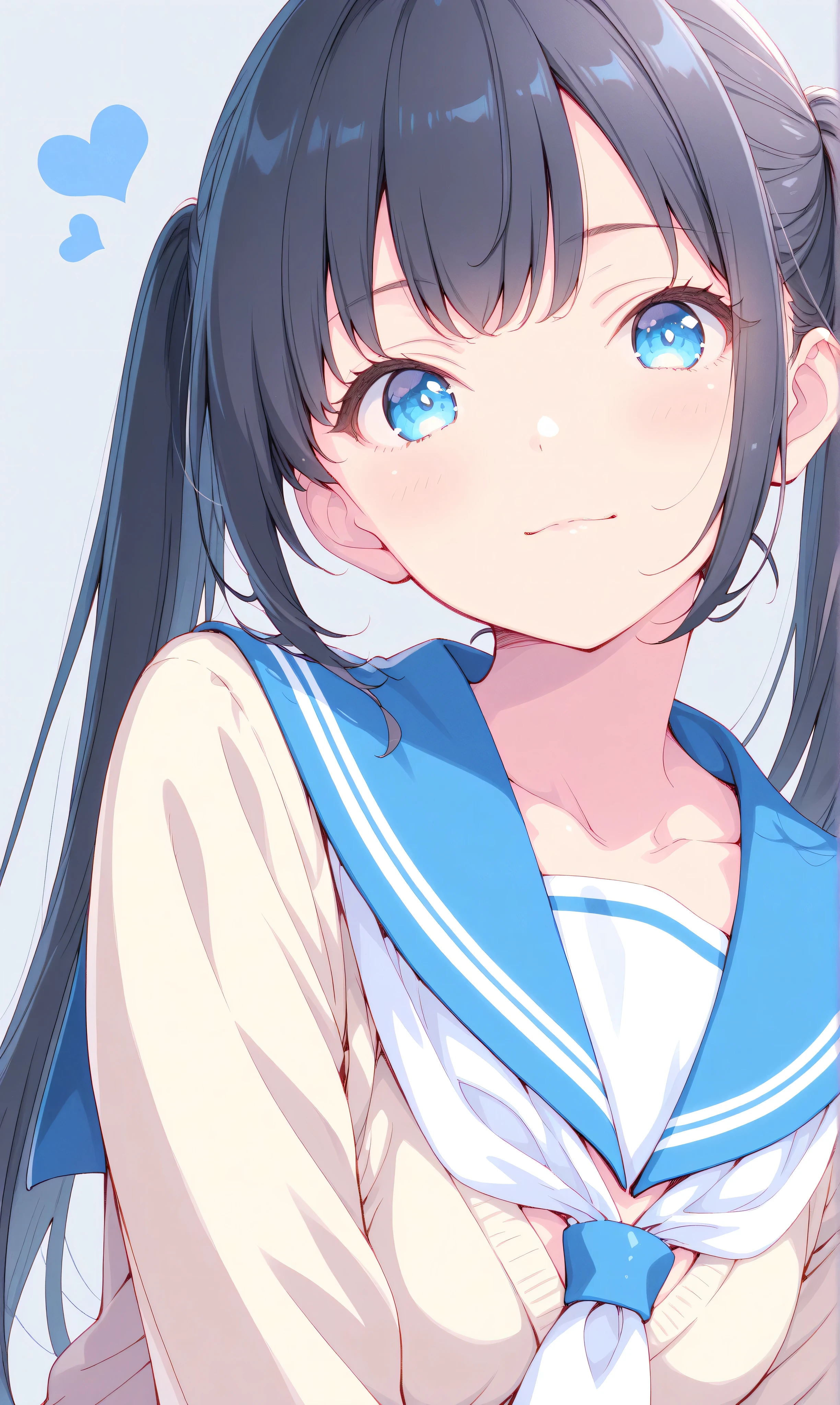 (watercolor:0.4)、( pastel :0.6)、 1 girl , alone, blue eyes, school uniforms, ponytails for beautiful people, long hair, viewers, sailor suit, upper body, , sailor color, heart, black hair, cardigan, Neckerchief, bangs, Black, white Neckerchief, closed mouth, side lock, grey background, collarbone, long sleeve, blue sailor color
