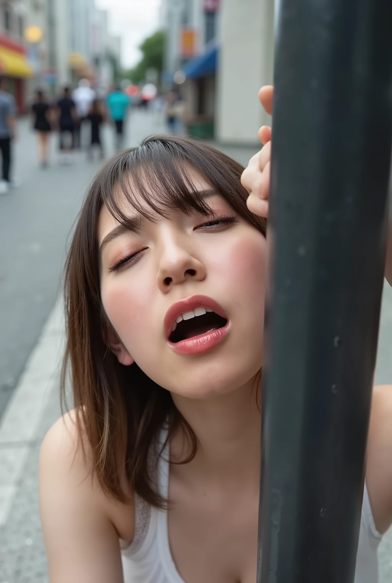 full shot, (grab and lean against a pole:1.5), ( top quality, masterpiece:1.2), highly detailed , high res, 8k Wallpaper, POV, top view, perfect dynamic composition, Real textured skin,white skin, Eyes with Attention to Details , look up at the sky, Knees on the ground, open mouth, licking, gape mouth, She squints her eyes, (roll eyes back:2.9), ecstatic eyes, orgasm face, Ecstatic Face, Climax expression, (Woman with open mouth, deep acme: 1.1), she drools profusely, Surrounded by people, 20 years old, cute Japanese woman, sexy style ,downtown, outside, rush hour, in a busy city at noon, Many people surround her, She is getting a lot of attention, Tokyo , camera sexy shot,