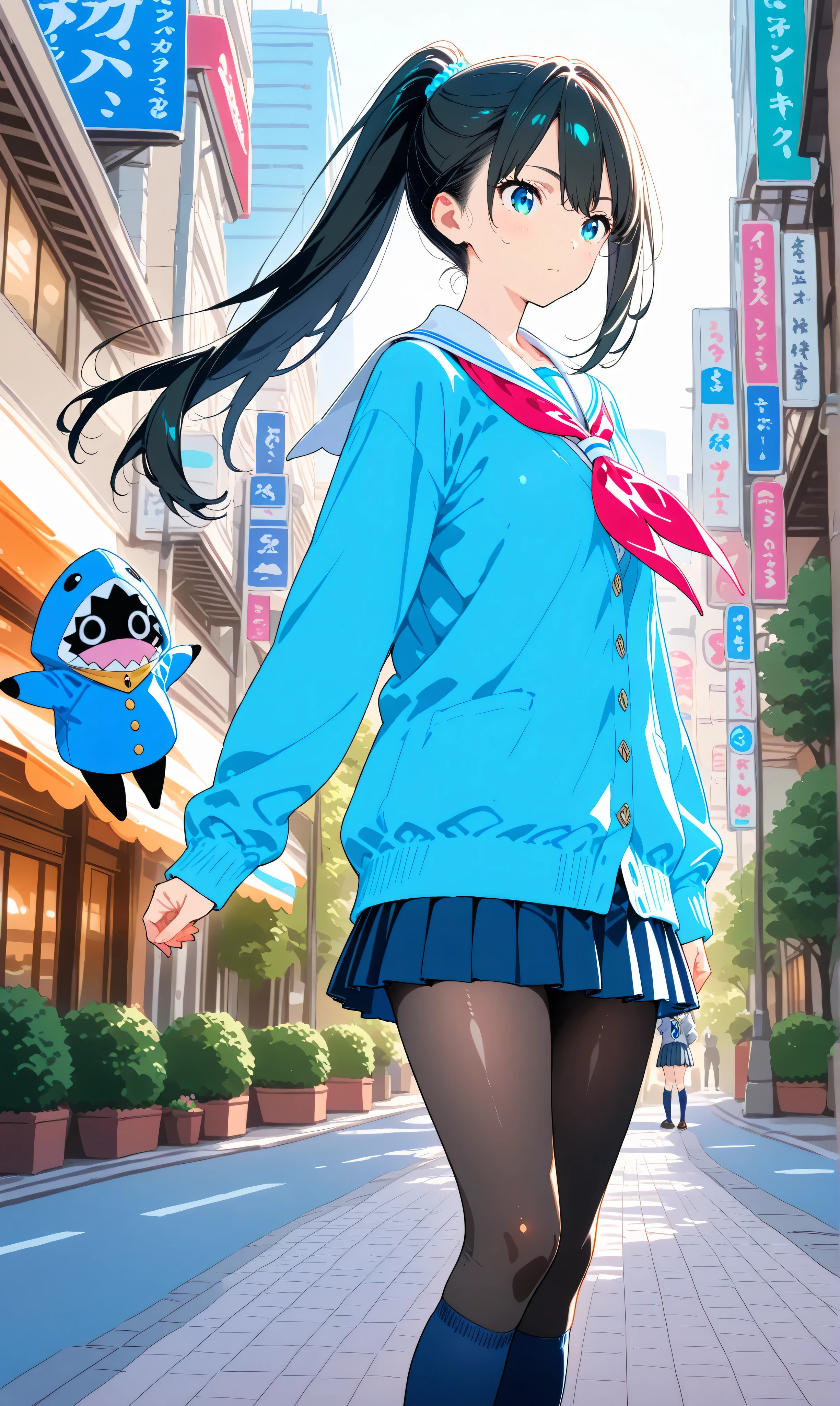 (watercolor:0.4)、(  pastel  :0.6)、 black hair:2,  1girl , {{{M-shaped legs}}}, [[[flat color, anime coloring, hatching, sketch]]], year2024, ai-generated, puppet, dot nose, cute, kawaii, Shibuya city, Alone,  serafuku, long ponytail, navy pleated skirt, shiny skin, white shirt, black pantyhose, blue eyes, photo_background, long sleeves, navy blue cardigan, navy blue knee-high socks, detailed background, vibrant colors, dynamic pose, standing in Shibuya crossing, soft lighting
