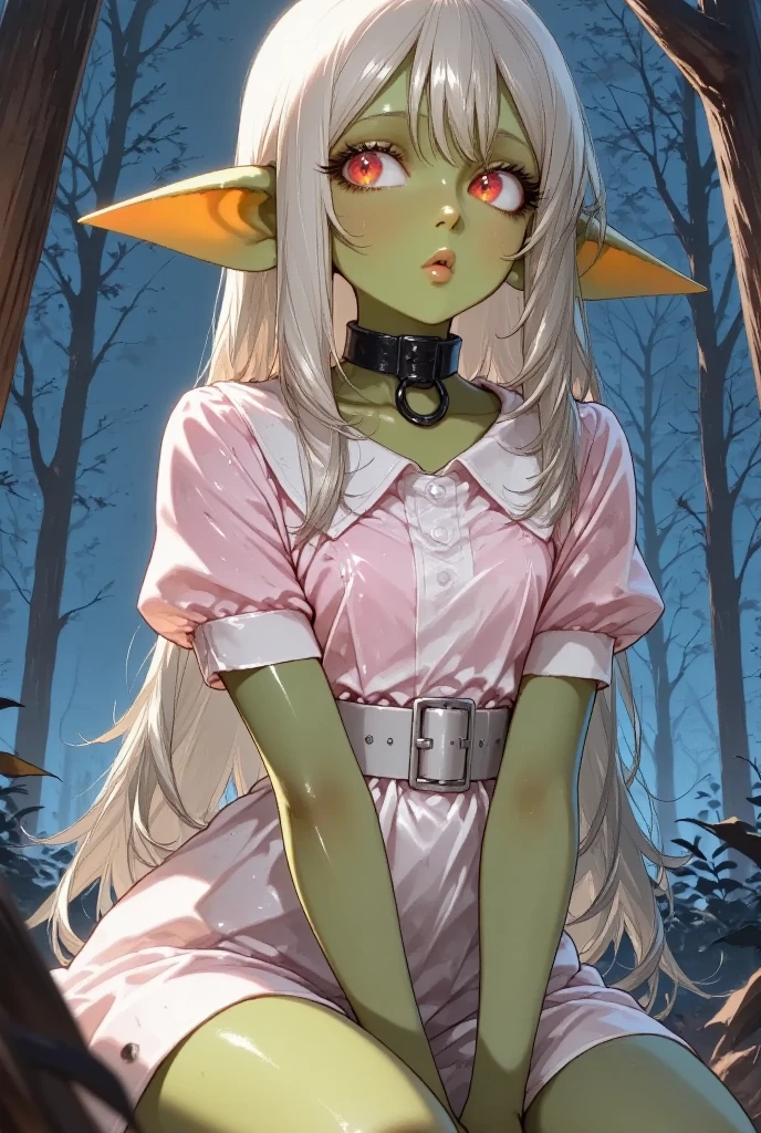1 girl, small, goblin girl, female goblin, goblin, green skin, large ears, fur-trimmed clothes, full body, tall body, tall, long legs, mature female, mature, adult, underwear, black panties, pink hair, black nails, solo, striped, ahoge, panties, thighhighs, nail polish, long sleeves, navel, looking at viewer, single thighhigh, asymmetrical legwear, hair between eyes, boots, red footwear, bangs, side-tie panties, very long hair, collarbone, small breasts, breasts, midriff, striped thighhighs