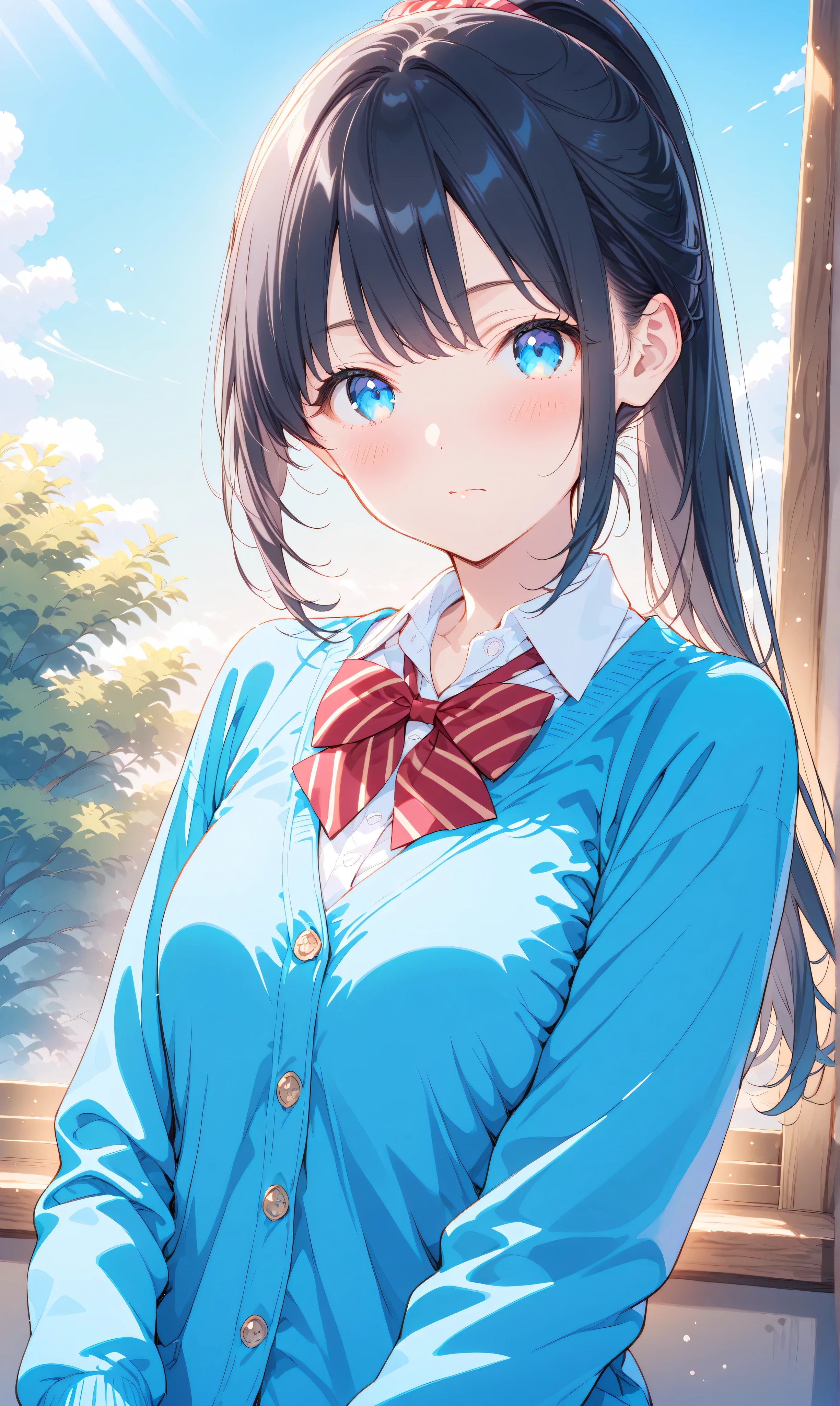 (watercolor:0.4)、( pastel :0.6)、 1girl , Alone, blue eyes, black hair, ponytail, bow, looking at viewer, Cardigan, school uniform, blush, shirt, white shirt, long hair, bowtie, red bow, bangs, closed mouth, collared shirt, upper body, long sleeves, blue Cardigan, striped bow, striped