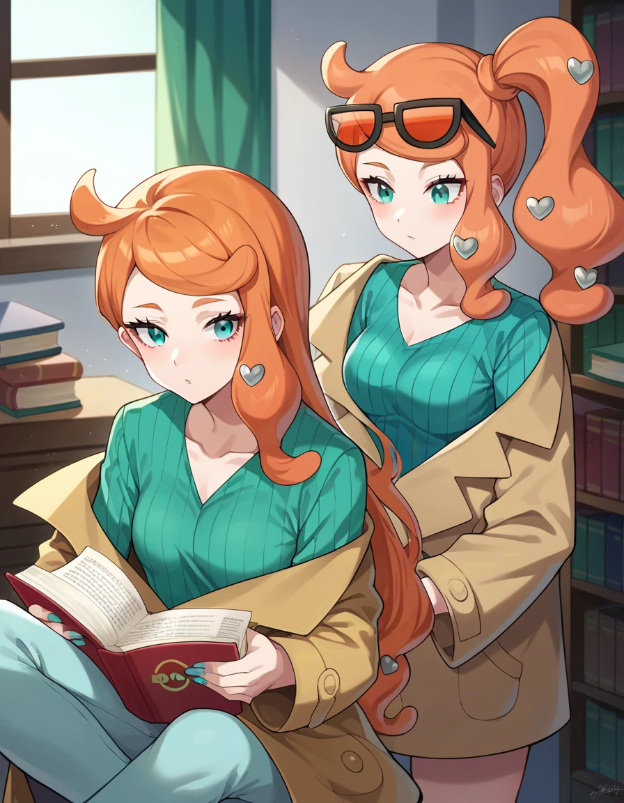 2heads, male female couple, age 28, two heads on one body, one torso, hipsters, multicolored hair, hipster fashion, in bookstore,