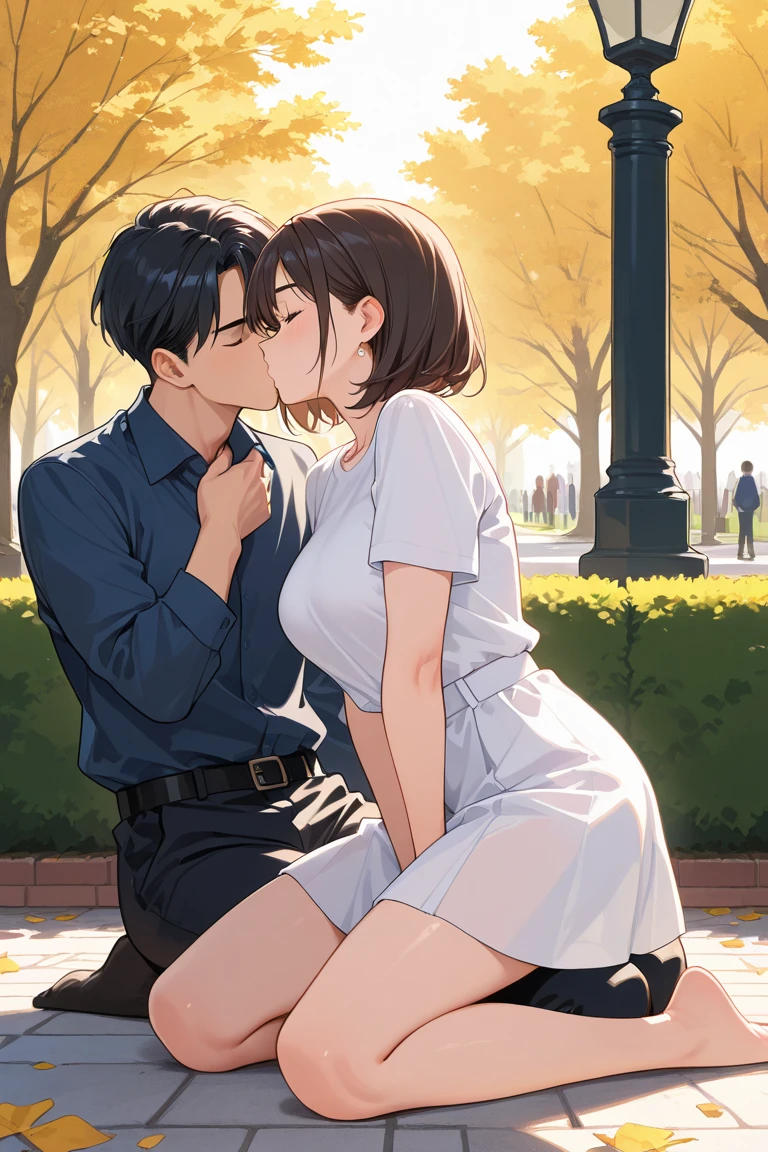 masterpiece、Highest quality、Super detailed、Detailed depiction、score_9, score_8_superior, score_7_superior, sauce_anime, One male student, 1 Female Teacher, Mature woman wearing modest bra and panties, Mother and son, , hug, kiss, Wet spot in panties, Bra slips off shoulder、Age difference、Height difference、Are thin、Flat chest、Massage the breasts、Touching the groin、Half-taken off business suit、Spread your legs、Showing off her silver geometric patterned panties、男子生徒のsuperiorに跨る、Shift panties、Pressing groins together、Showing off a silver geometric bra、Push the bra aside、Flabby Belly、Sitting on a bench,The schoolyard is outdoors,school gate、