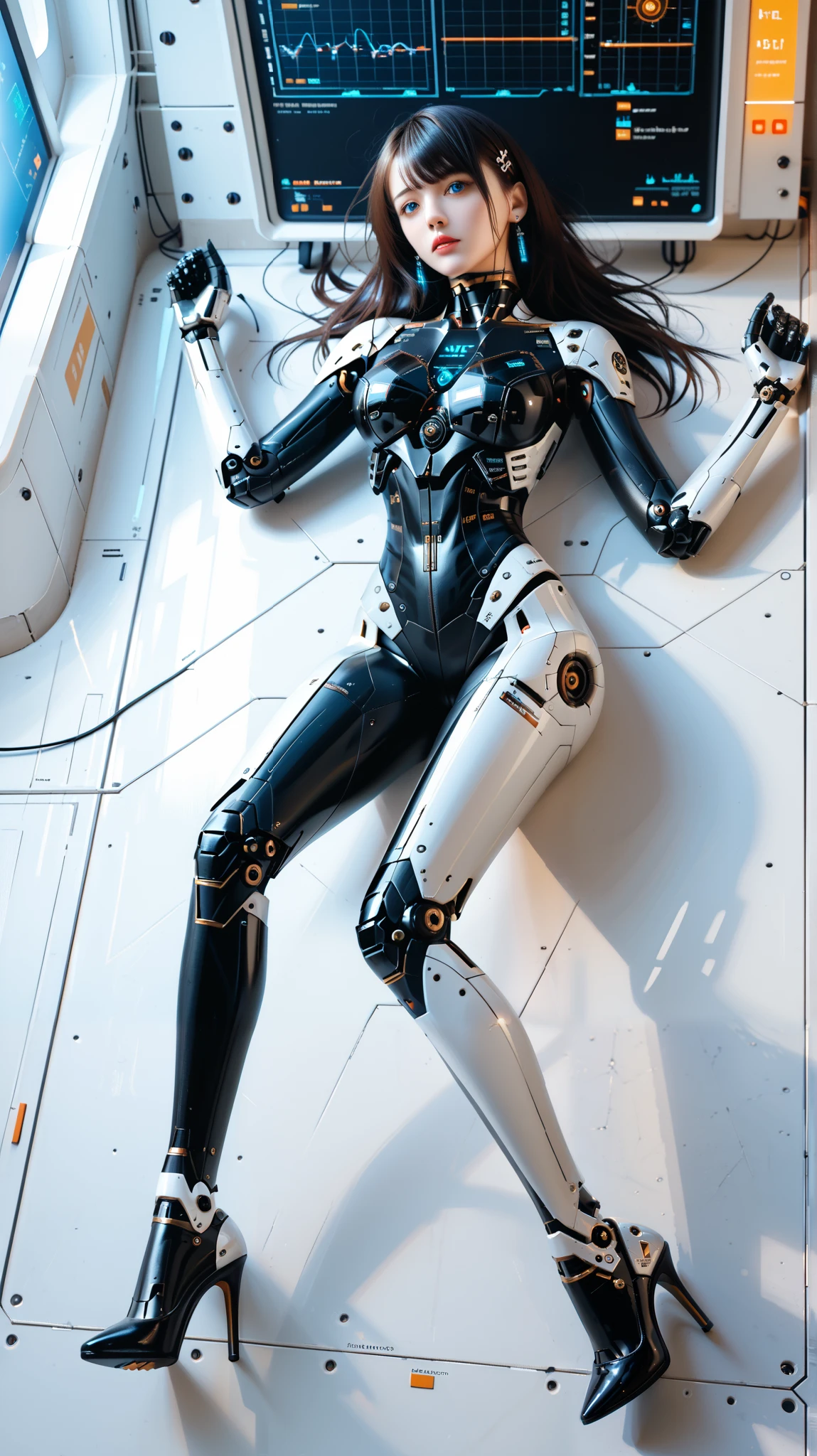 (((masterpiece))), (realism, realism texture, (science fiction, distant future), (top Quality, High Quality, top resolution, high resolution, (ultra detailed, high detailed))), (beautiful robot girl:1.3), (she is incredible machine:1.4), machine experienced a failure, (beautiful face), (thin lips, wide mouth), blue lighting eyes, (black robot armor:1.4), machine frame, (robot legs, high heels, (mechanical hands)), (robot joint:1.3 ), (robot neck joint), (machine parts, electronic component, complete parts, joint wiring:1.4), frame of perfect machine, (Let hair down, straight hair:1.3), Expressionless face, (full body shot), (closed mouth), (laboratory), (lying, from above)